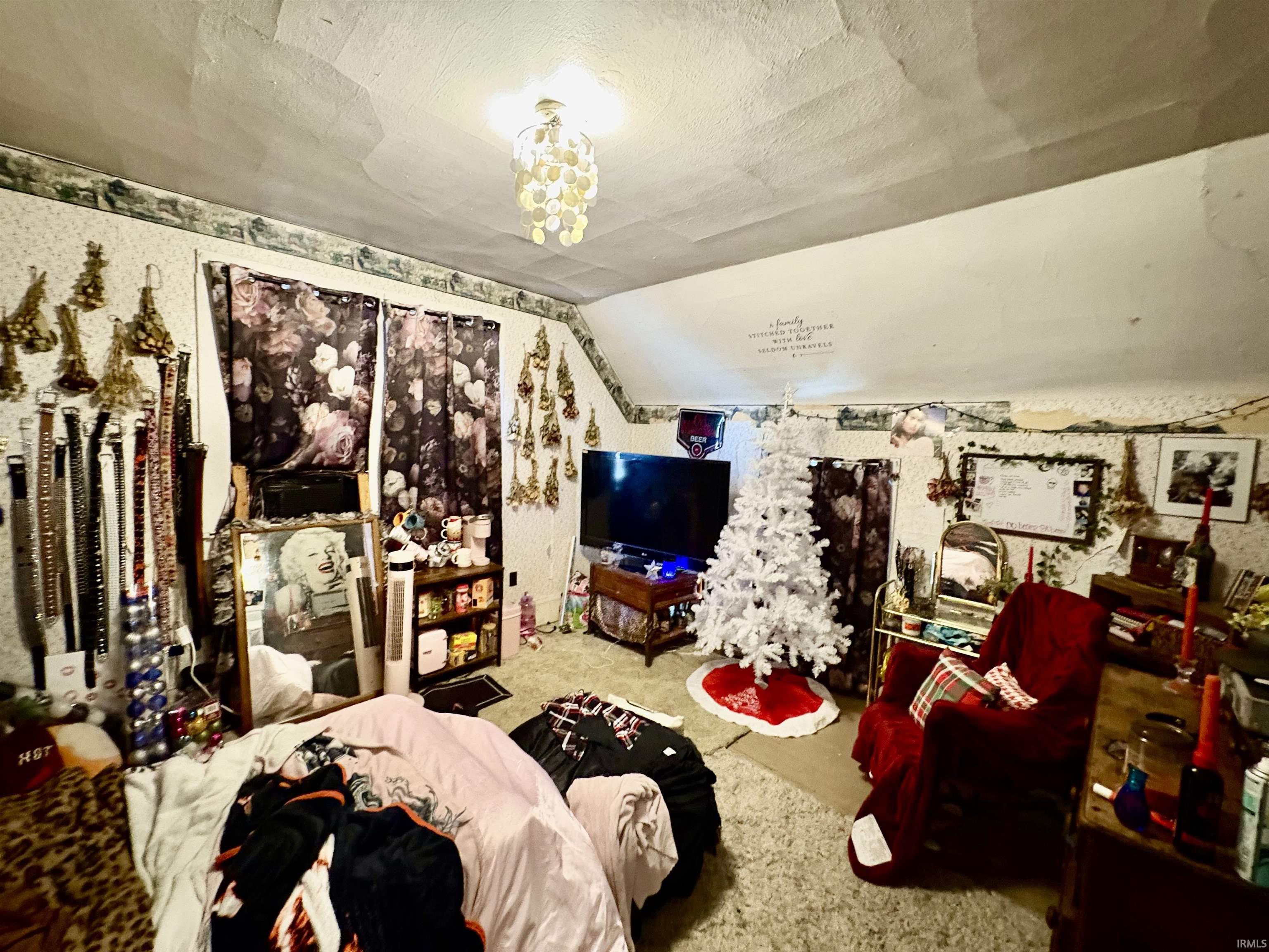 Carpeted bedroom with lofted ceiling and a textured ceiling