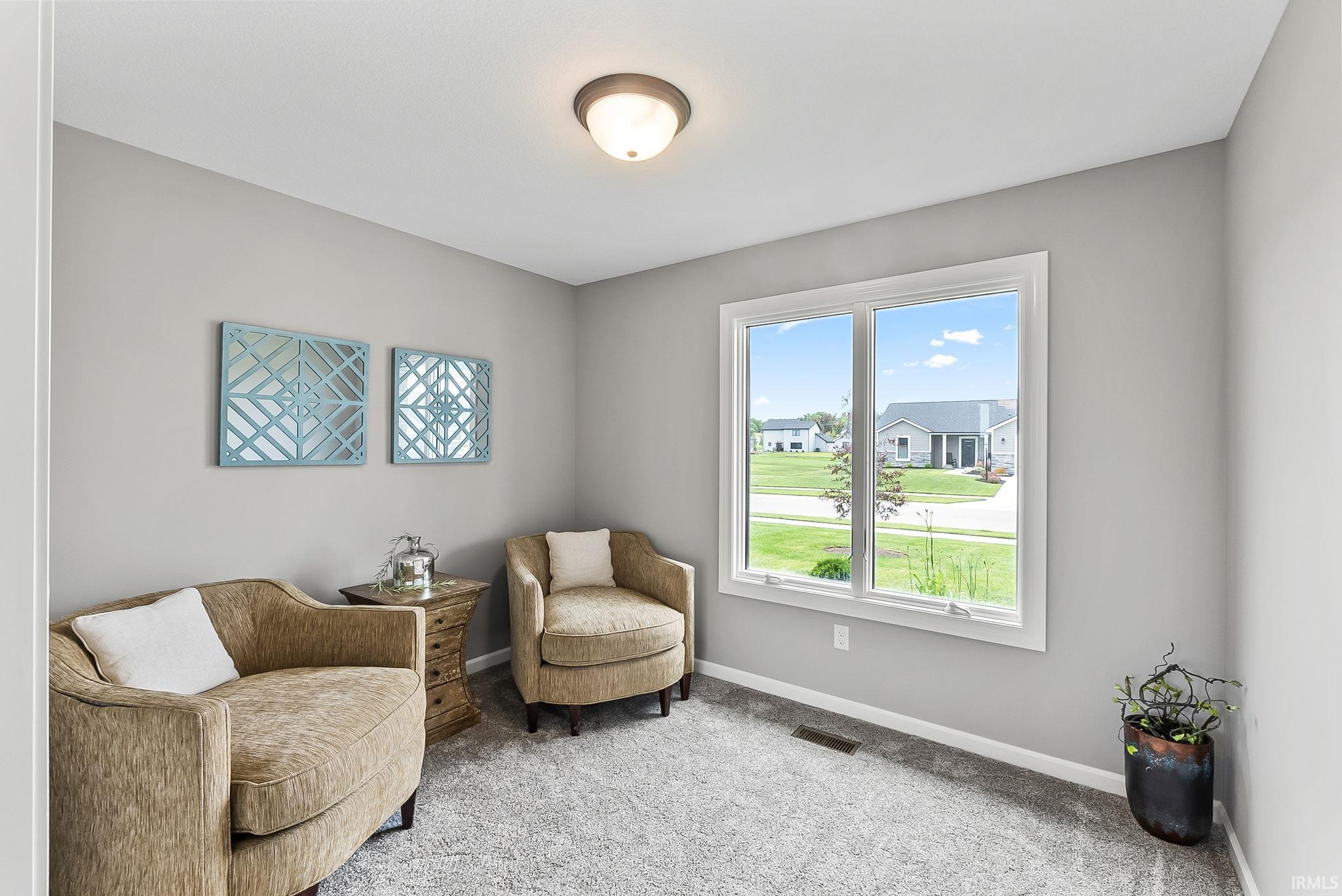 Bright room featuring a large double-pane window, light gray walls, gray carpet flooring, and a flush-mount ceiling light fixture