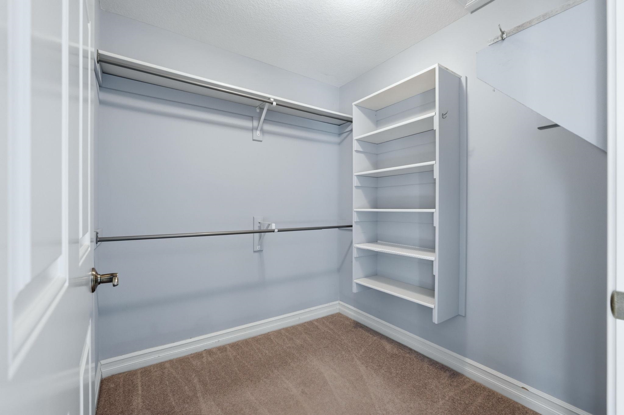 Walk in closet with light colored carpet