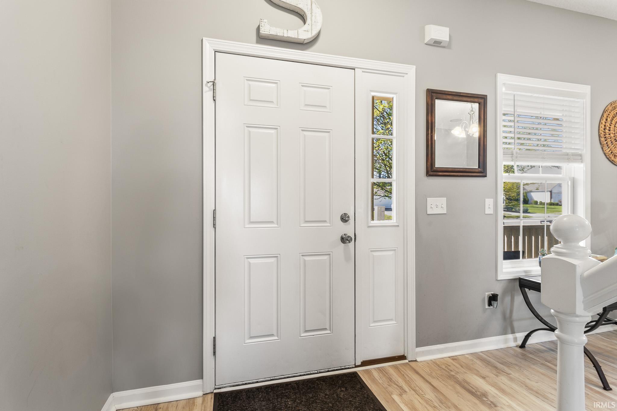 Entry foyer featuring a paneled door with a sidelight, wood-finish flooring, and light gray wall paint