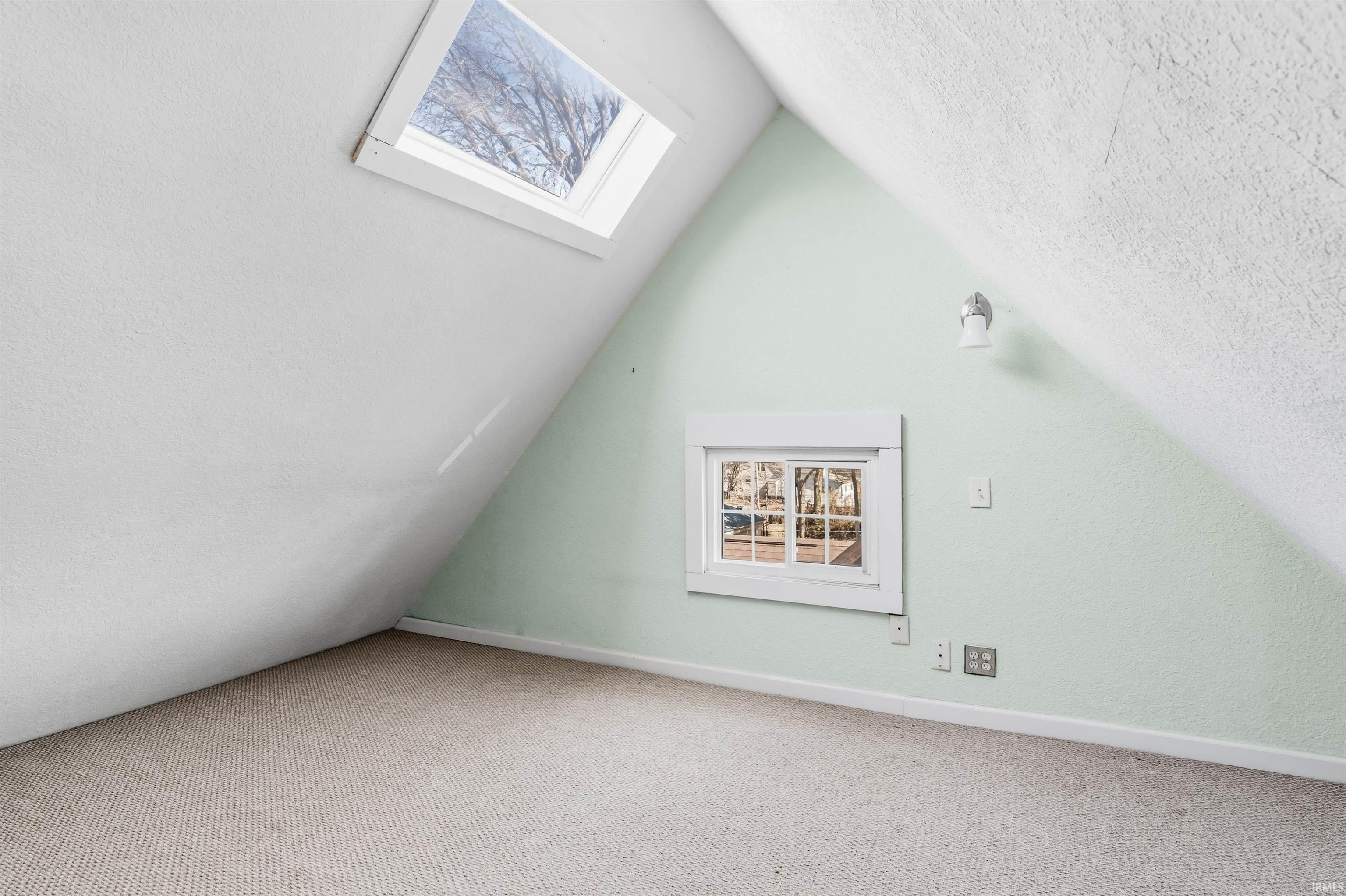 Additional living space featuring a skylight, carpet floors, and a textured ceiling
