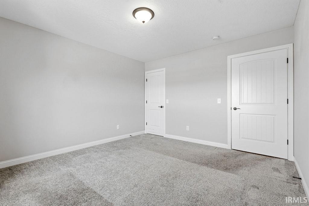 Spacious interior room featuring light grey carpeting, white baseboards, and two white paneled doors with dark hardware