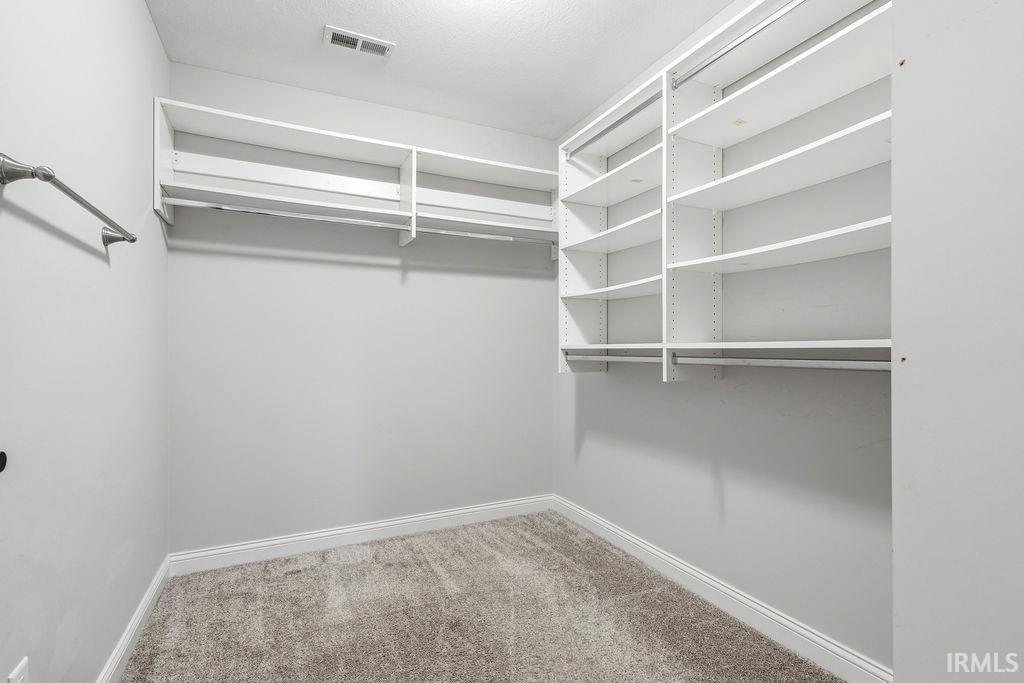 Spacious walk-in closet featuring built-in shelving, multiple hanging rods, and plush carpet flooring