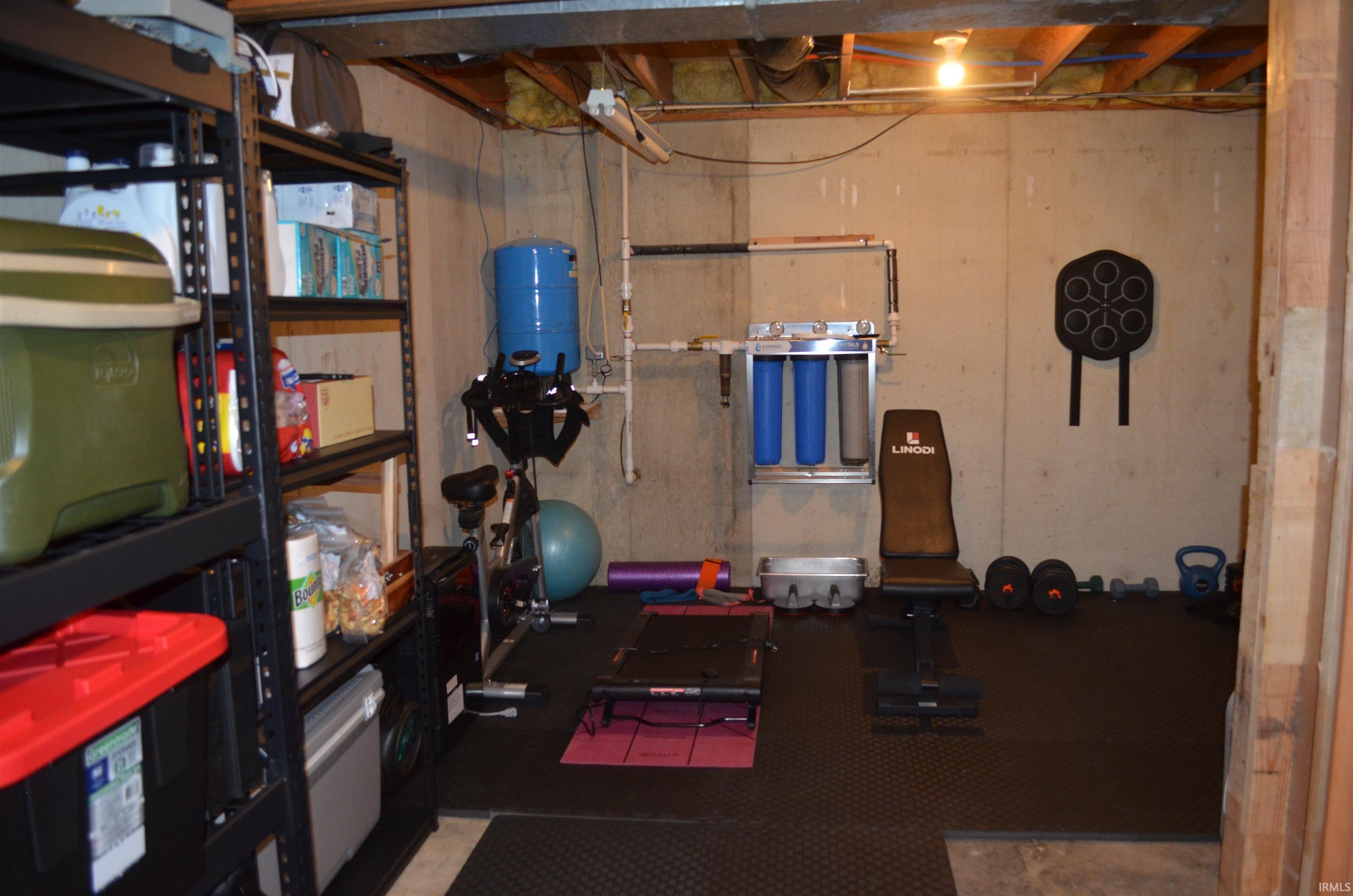Unfinished basement area featuring exposed ceiling joists, concrete walls, a built-in water filtration system, and rubber mat flooring