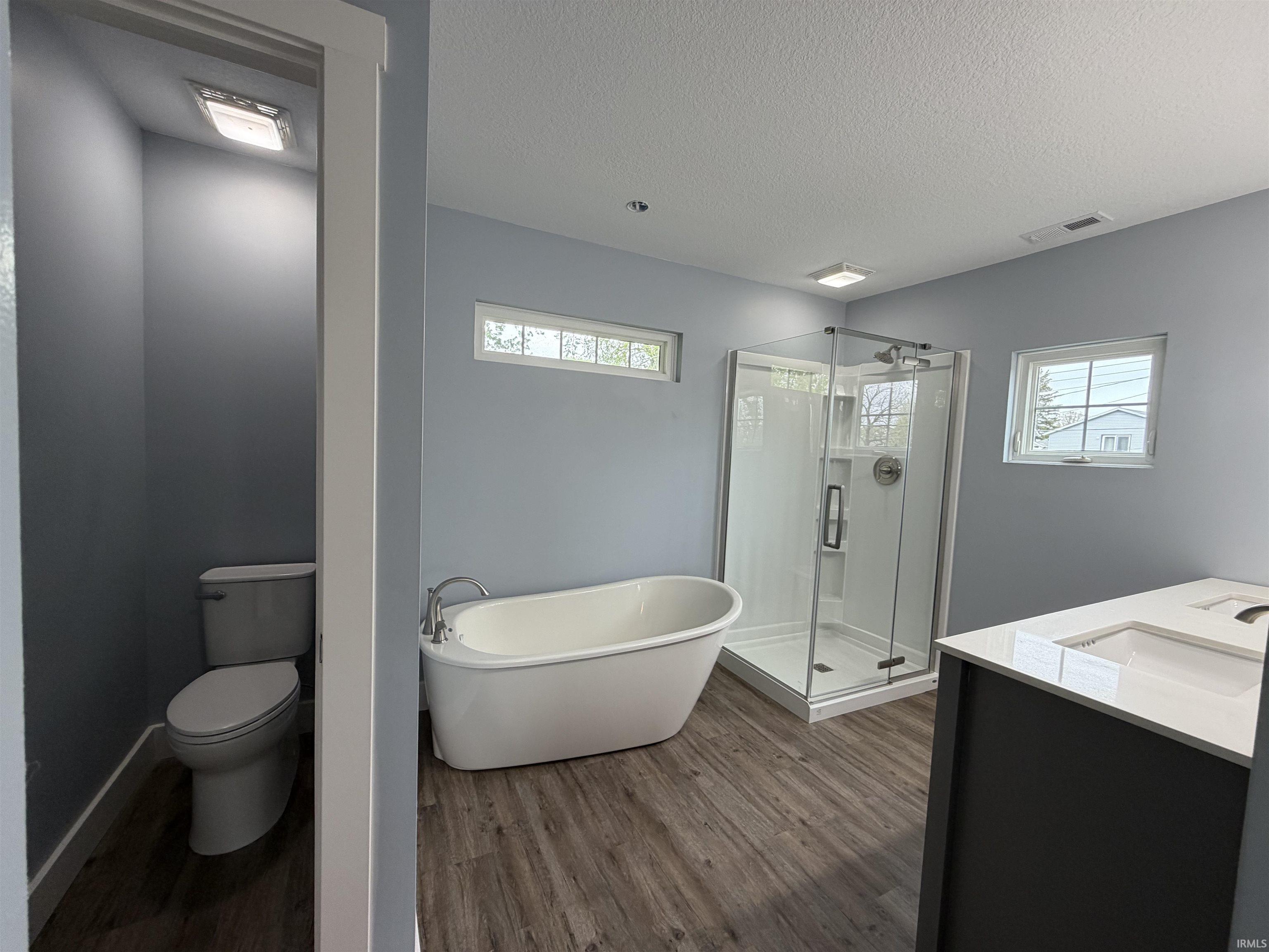 Full bathroom featuring a stall shower, vanity, dark wood finished floors, a freestanding bath, and a textured ceiling