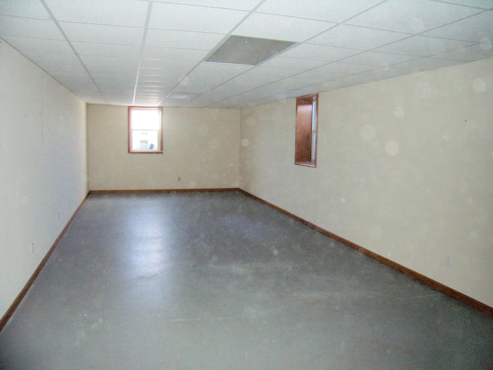 Spacious room featuring light-toned walls, a drop ceiling, and two windows with wood-finish trim