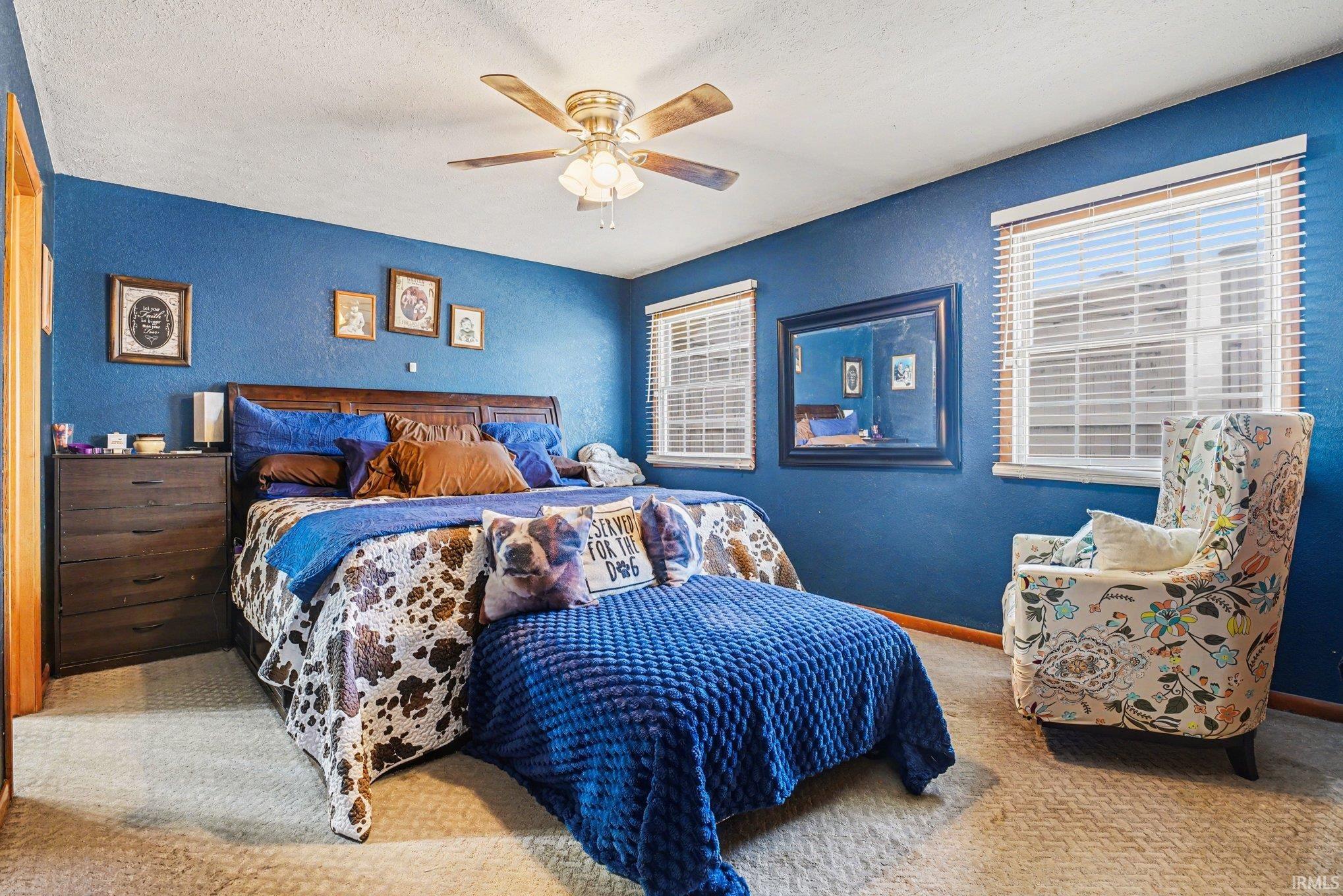 Room featuring blue painted walls and light-colored carpet flooring