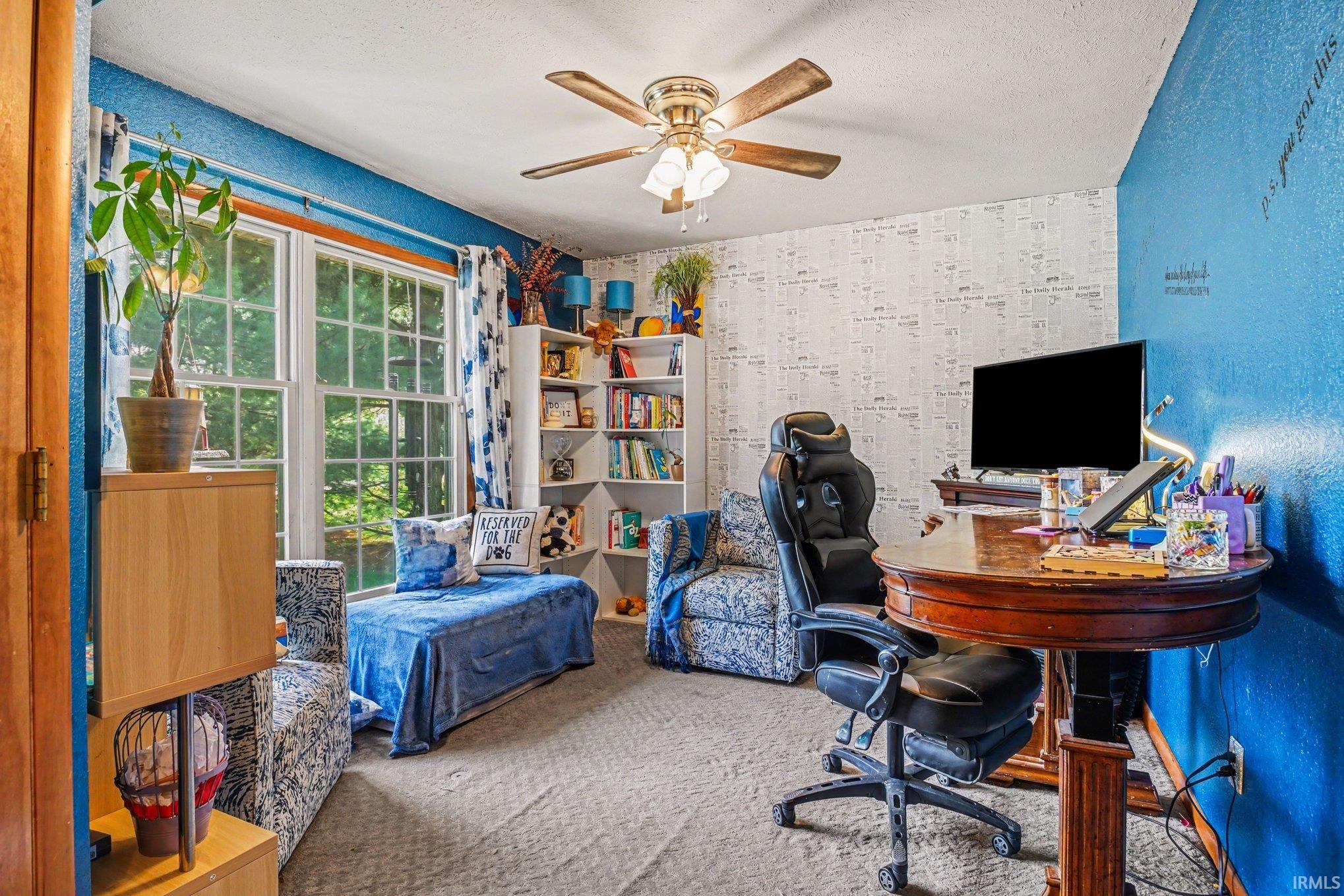 Bright room featuring a large window, ceiling fan with light fixture, built-in corner shelving, and carpeted flooring