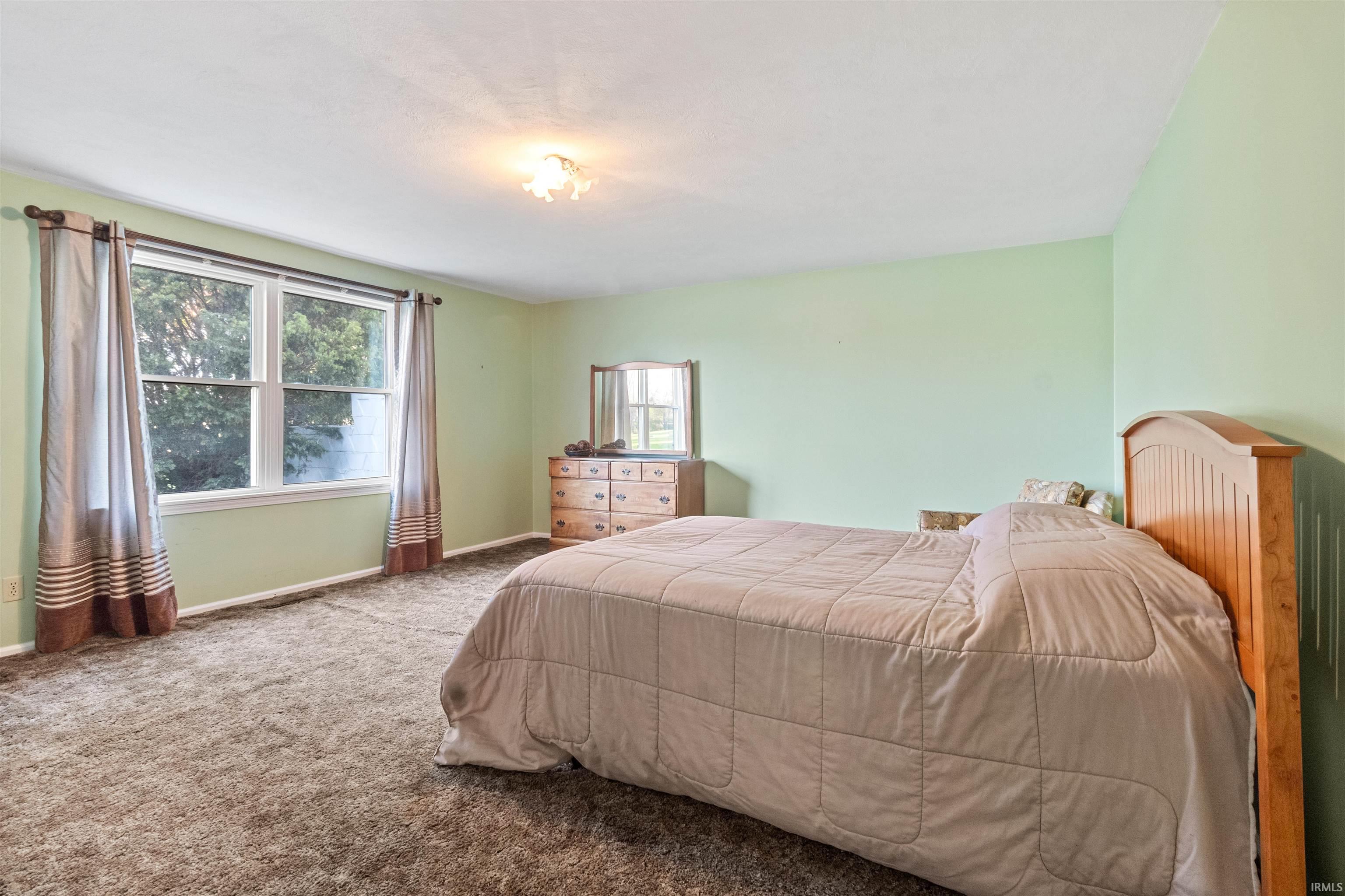 Carpeted room featuring a double window, light green walls, a ceiling-mounted light fixture, and a light wood-finish bed frame