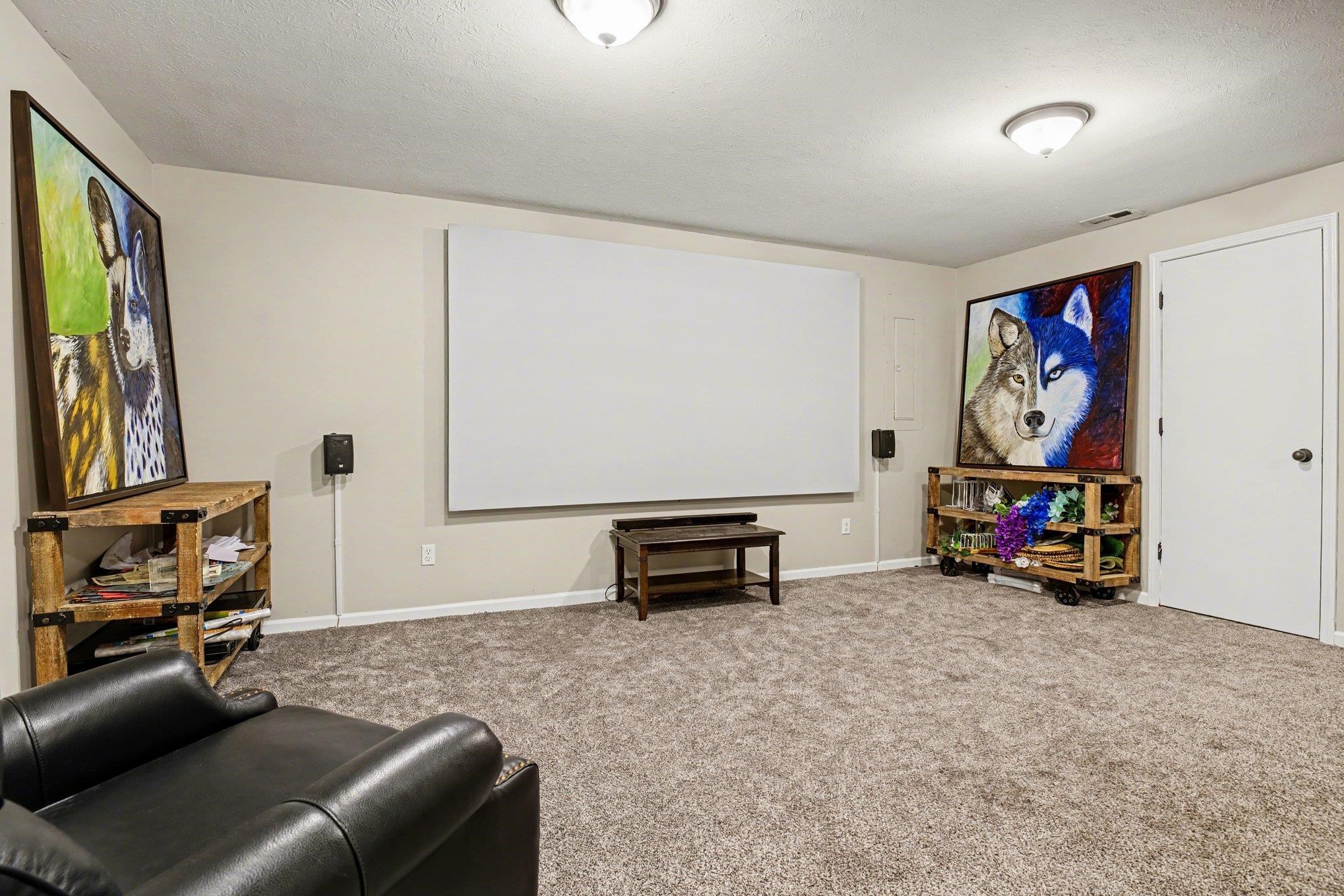 Spacious room featuring a large wall-mounted projection screen, neutral-toned carpeting, light-colored walls, and two ceiling-mounted light fixtures