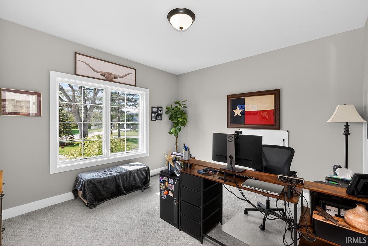 Spacious room featuring light gray walls, light-toned carpet, and a white-trimmed window with grid panes