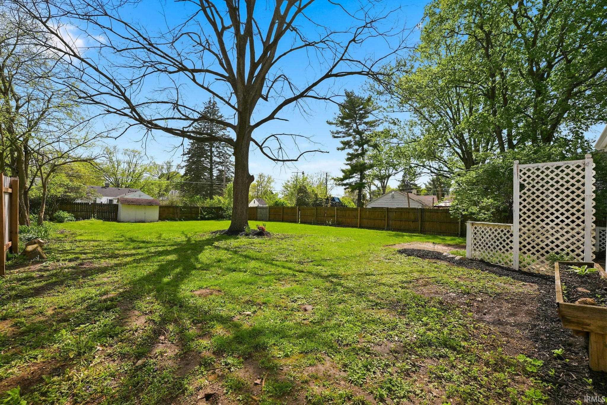 Spacious backyard featuring a large mature tree, perimeter fencing, a white lattice privacy screen, and a raised planter box
