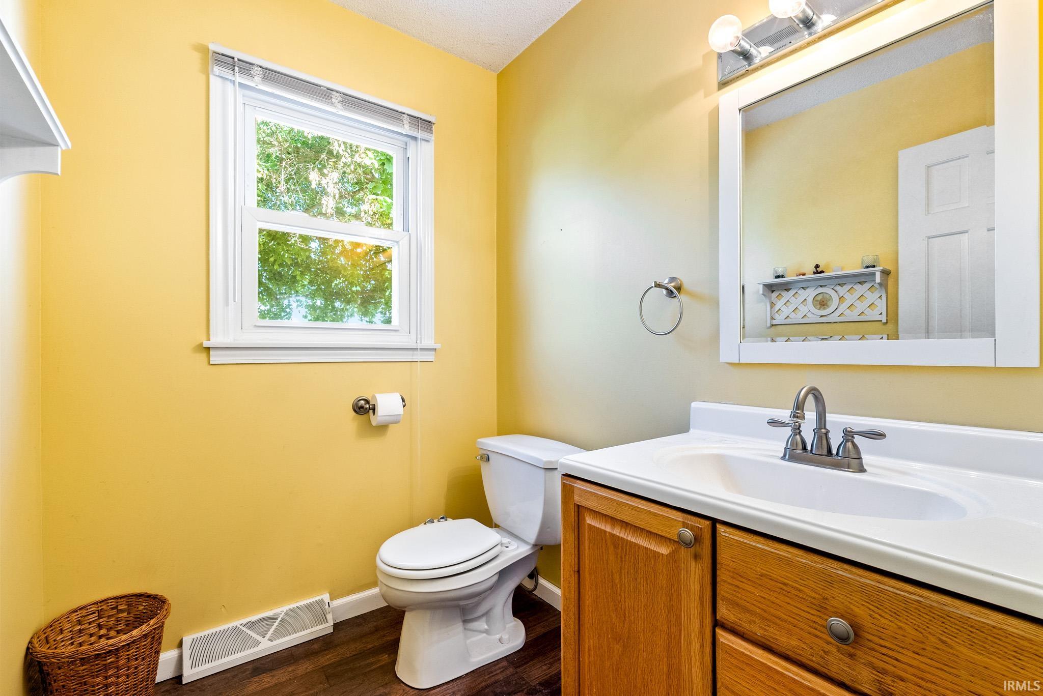 Bathroom featuring a single-pane window, wood-finish flooring, a toilet, a vanity with a white countertop and integrated sink, and an overhead light fixture
