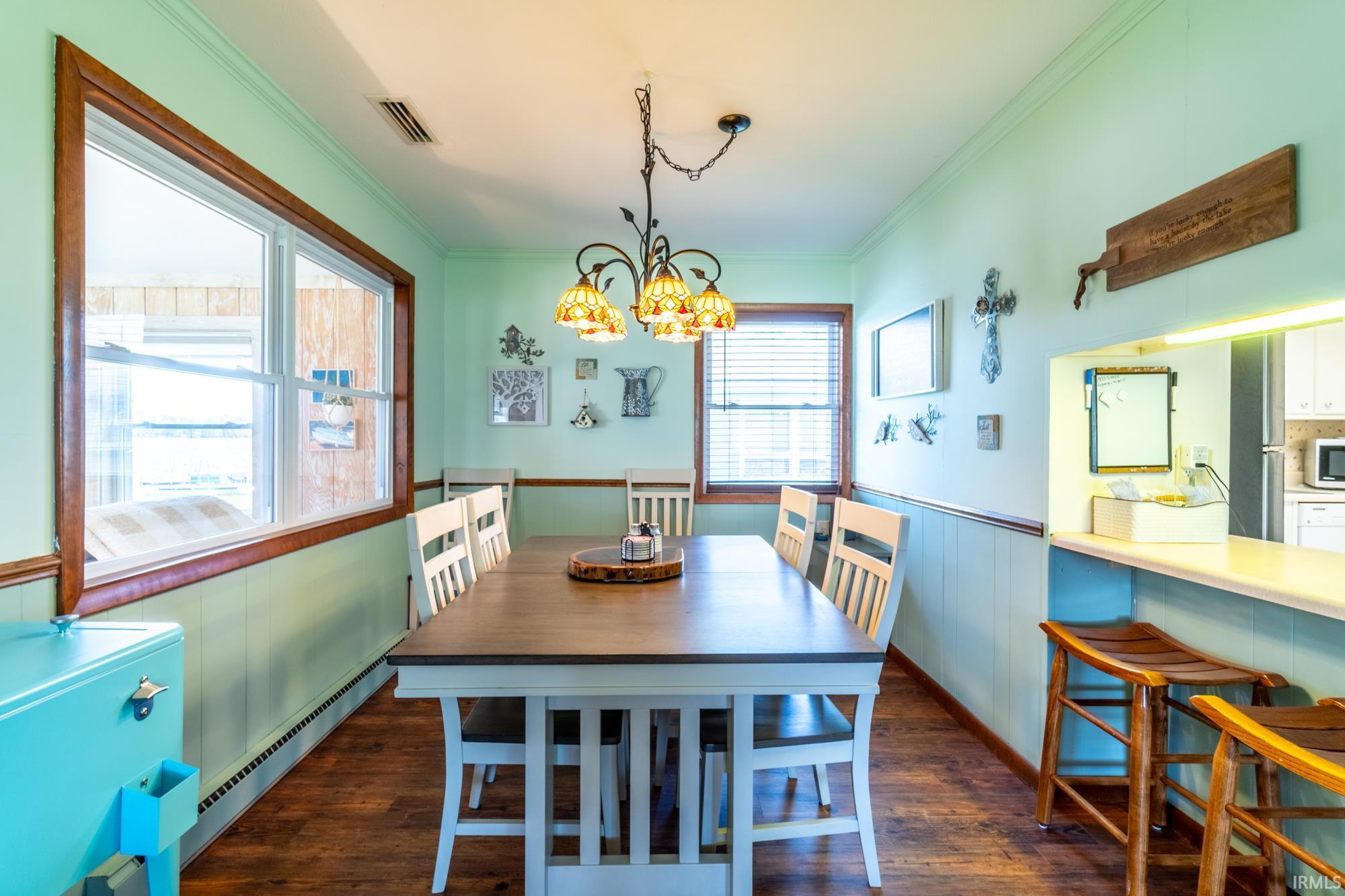 Dining area featuring wood-finish flooring and wainscoting