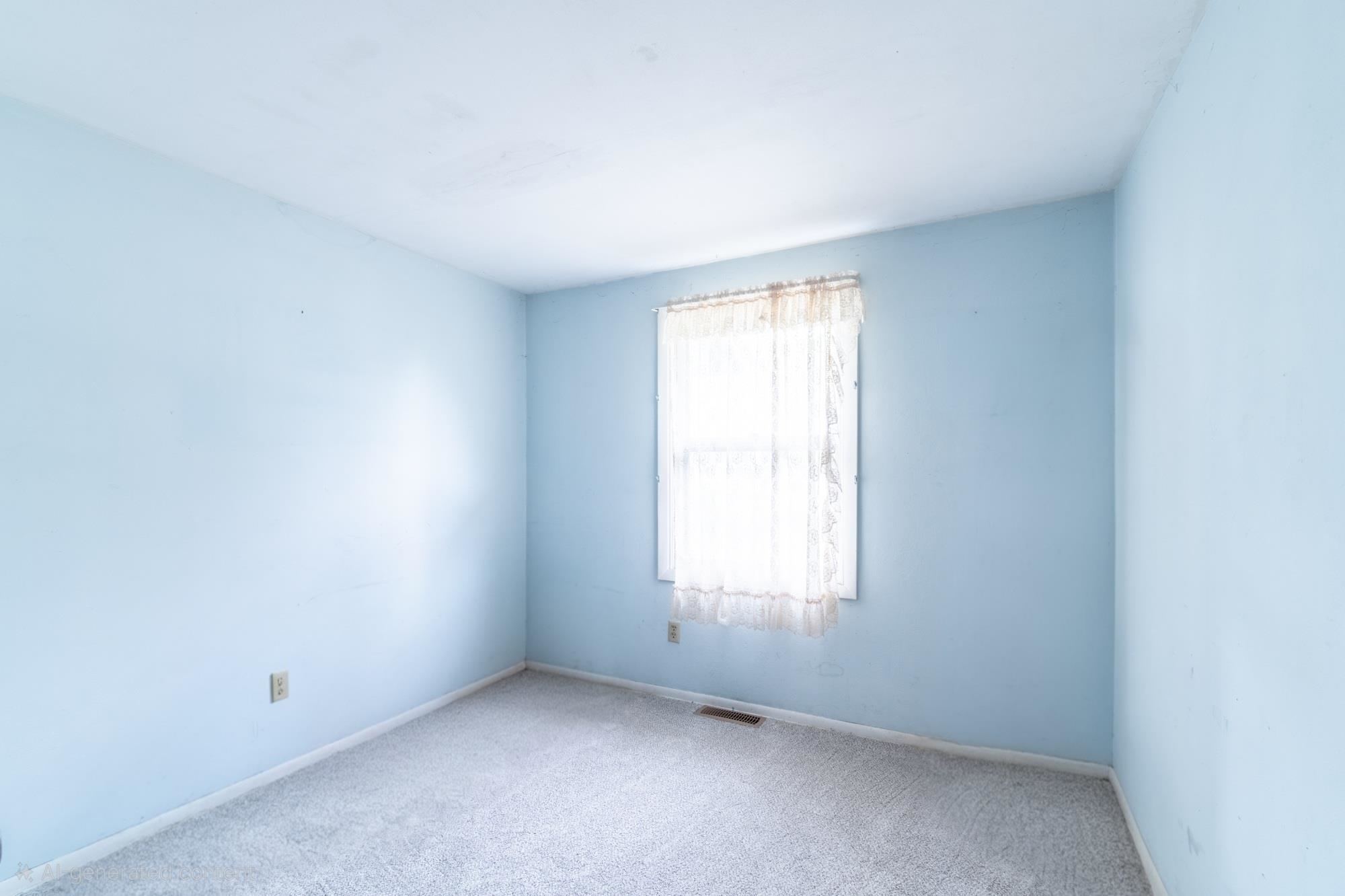 Bright room featuring a window with white trim, light blue painted walls, and light-toned carpet flooring