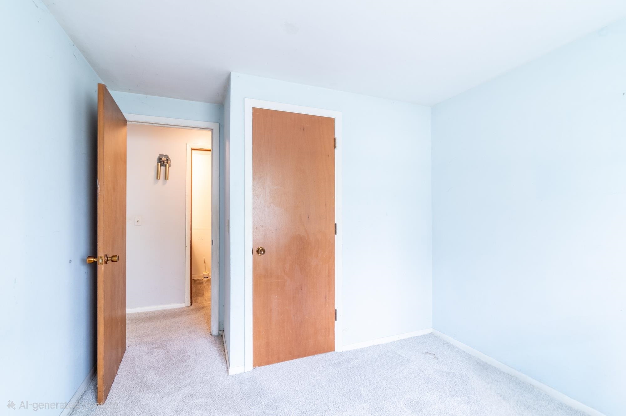 Room with light blue walls and gray carpet