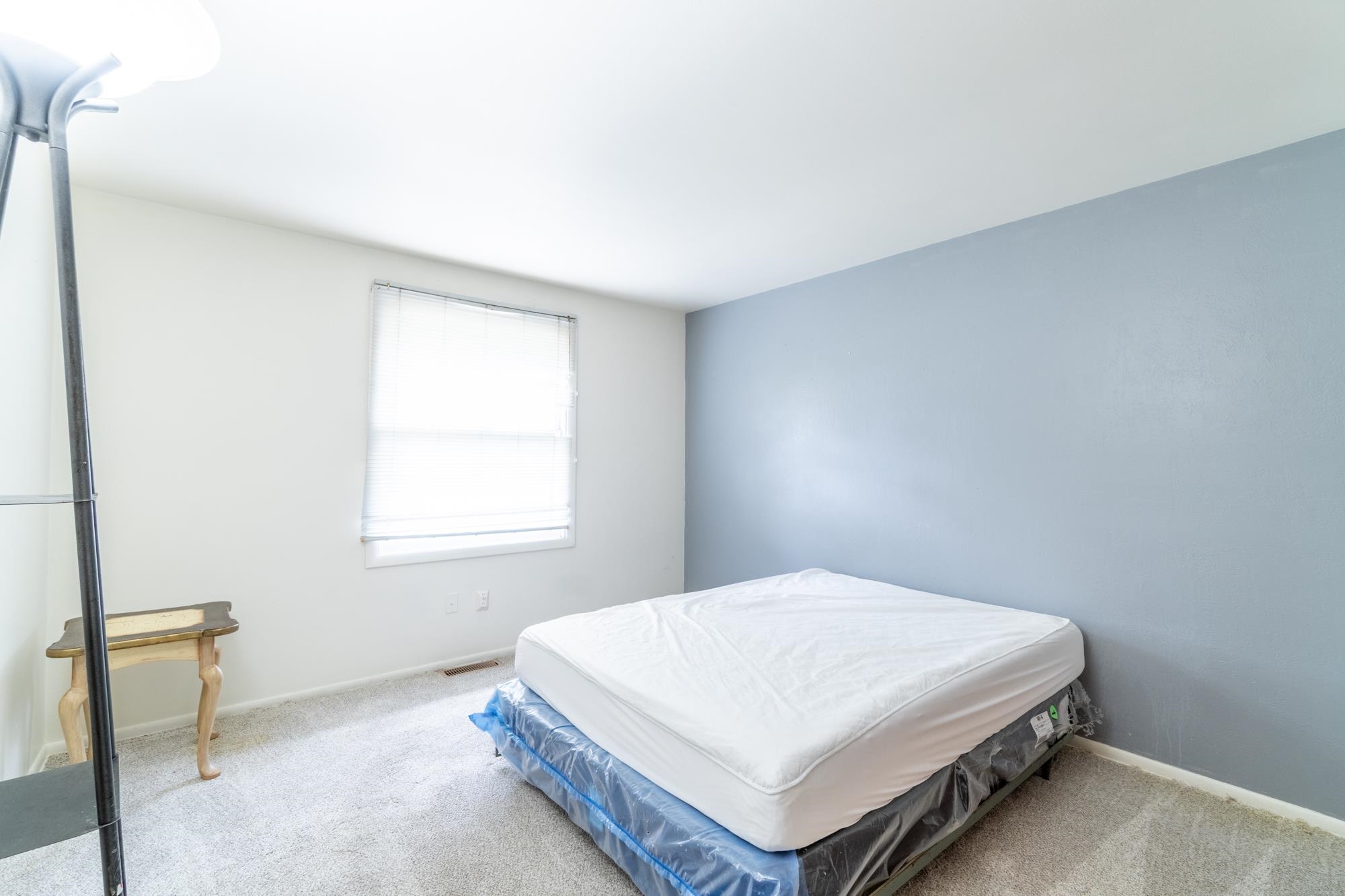 Spacious room featuring light gray carpeting and a contrasting accent wall