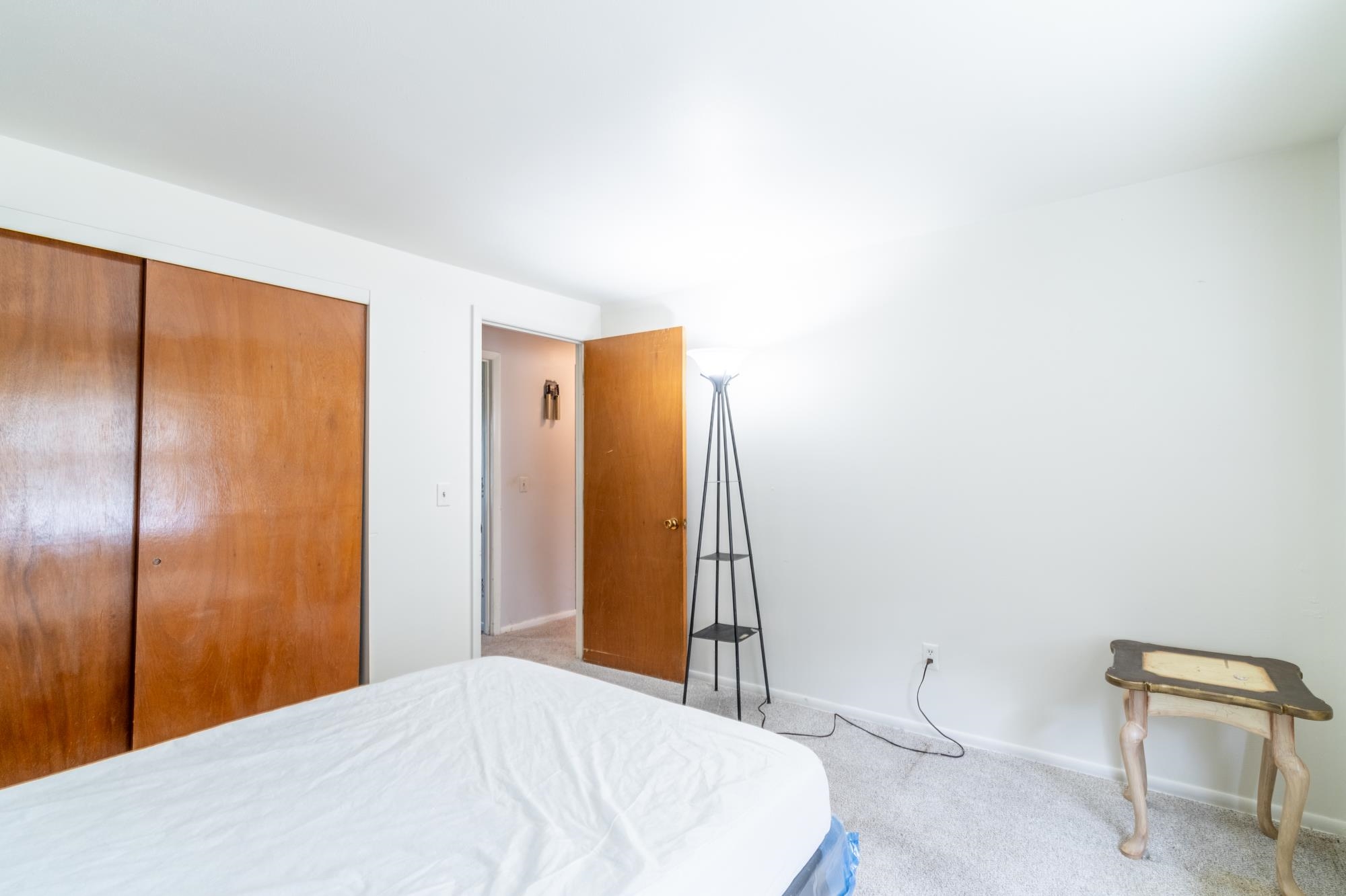 Bedroom with light gray carpeting and white painted walls