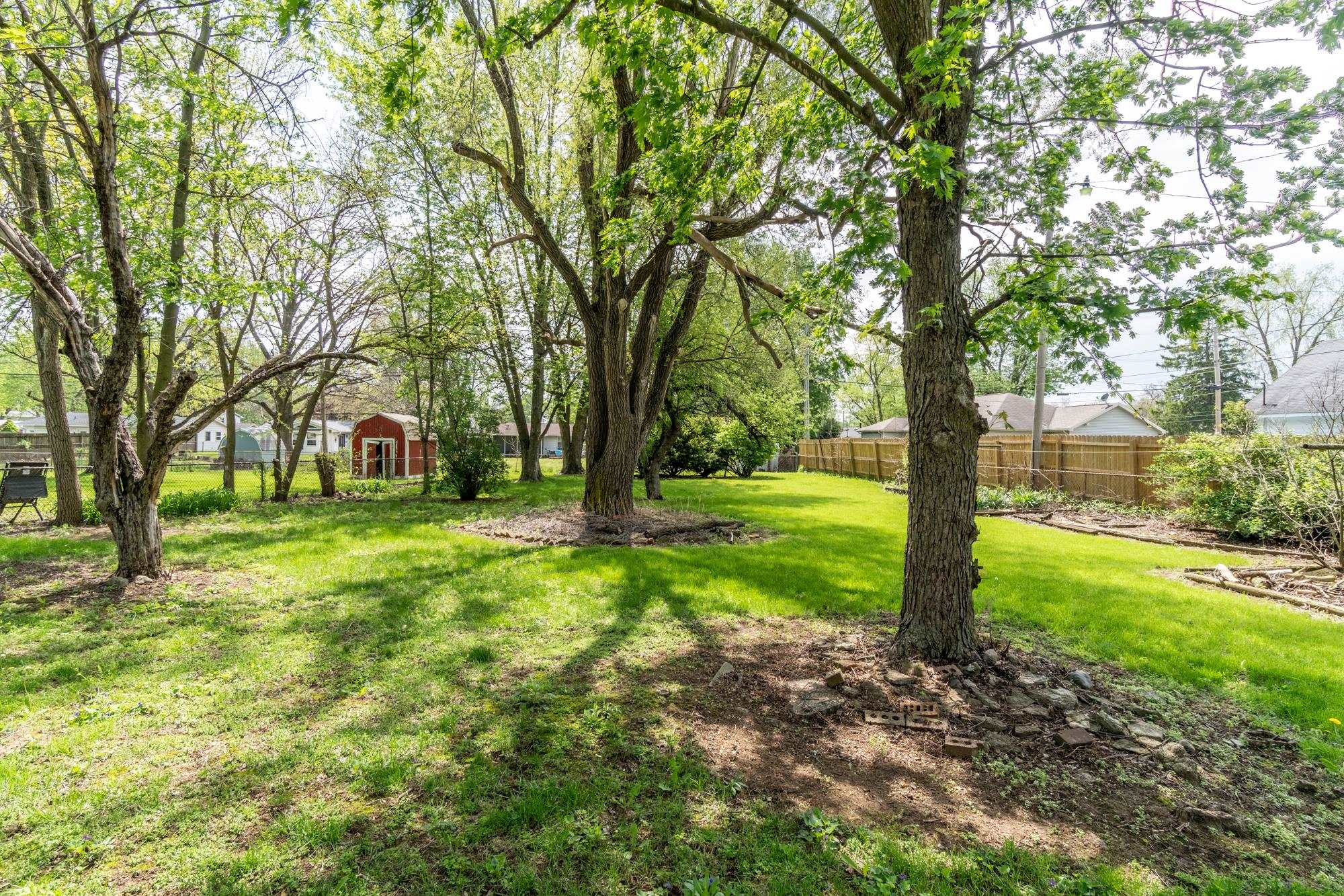Expansive green lawn featuring mature trees, a red storage shed, and a wood privacy fence