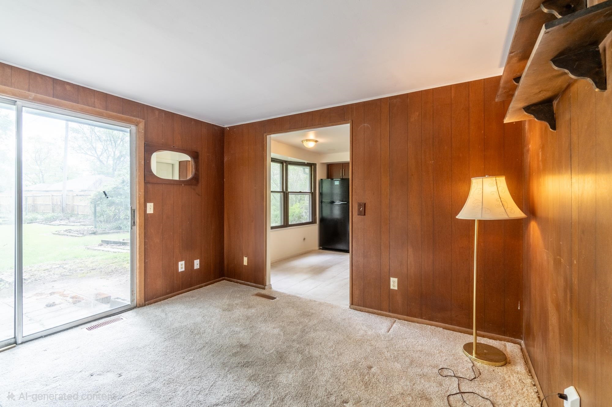 Sliding glass door opening to a patio and a grass yard, framed by wood paneling and light-colored carpeting