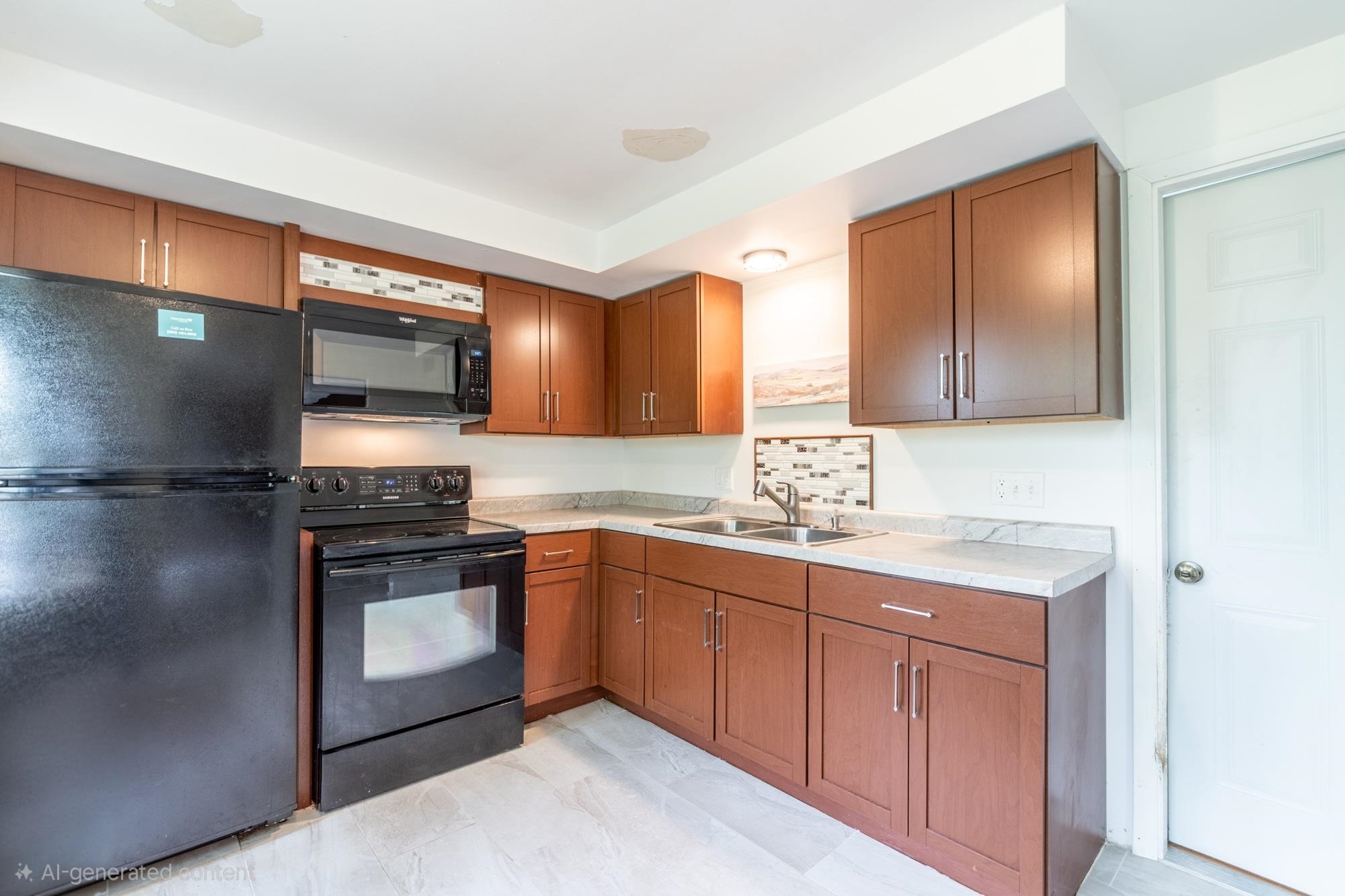 Kitchen featuring wood-finish cabinetry, light-toned countertops, and a full suite of black appliances