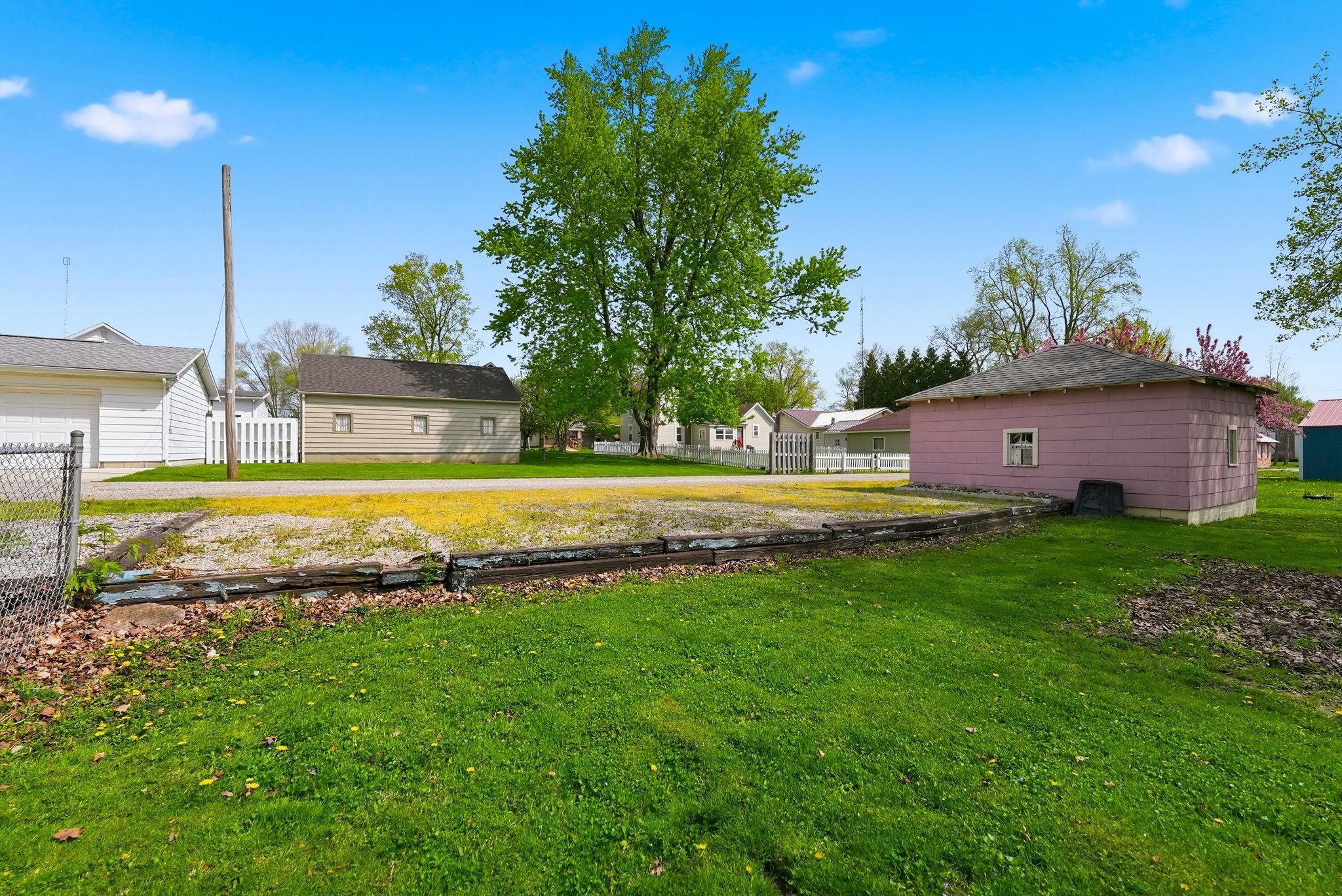 Expansive grassy lot with mature trees and a clear sky backdrop