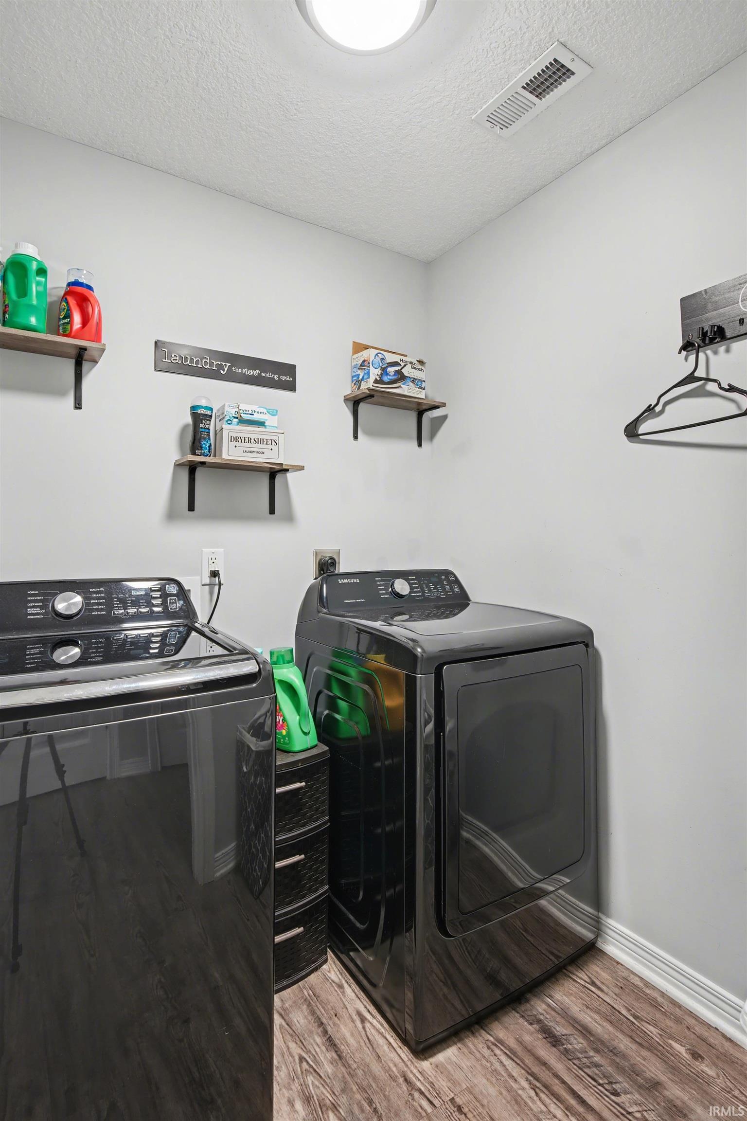 Dedicated laundry area featuring wood-finish flooring, light grey walls, and a ceiling-mounted light fixture