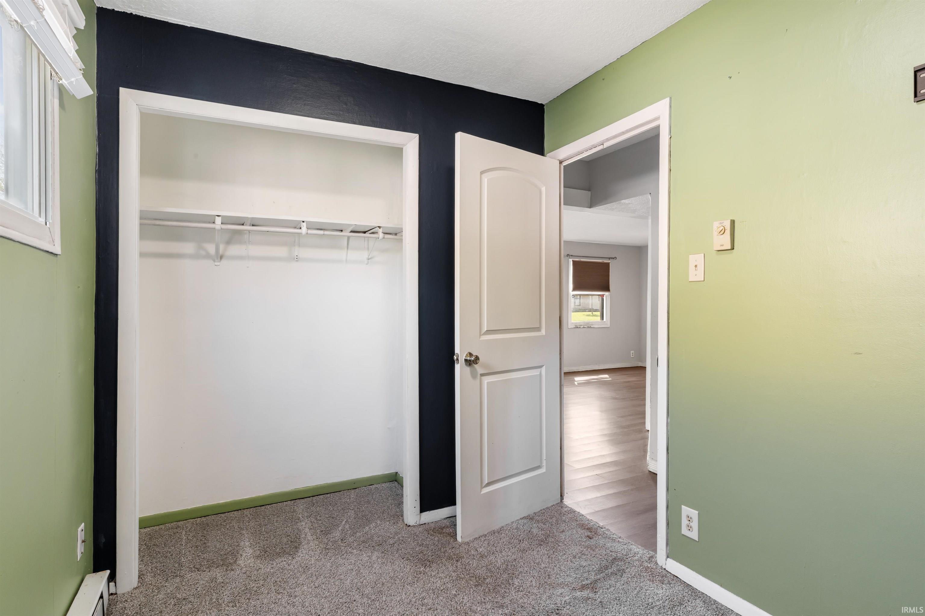 Interior room featuring grey carpeting, an open closet with shelving and hanging rod, a white paneled door, and a white window frame