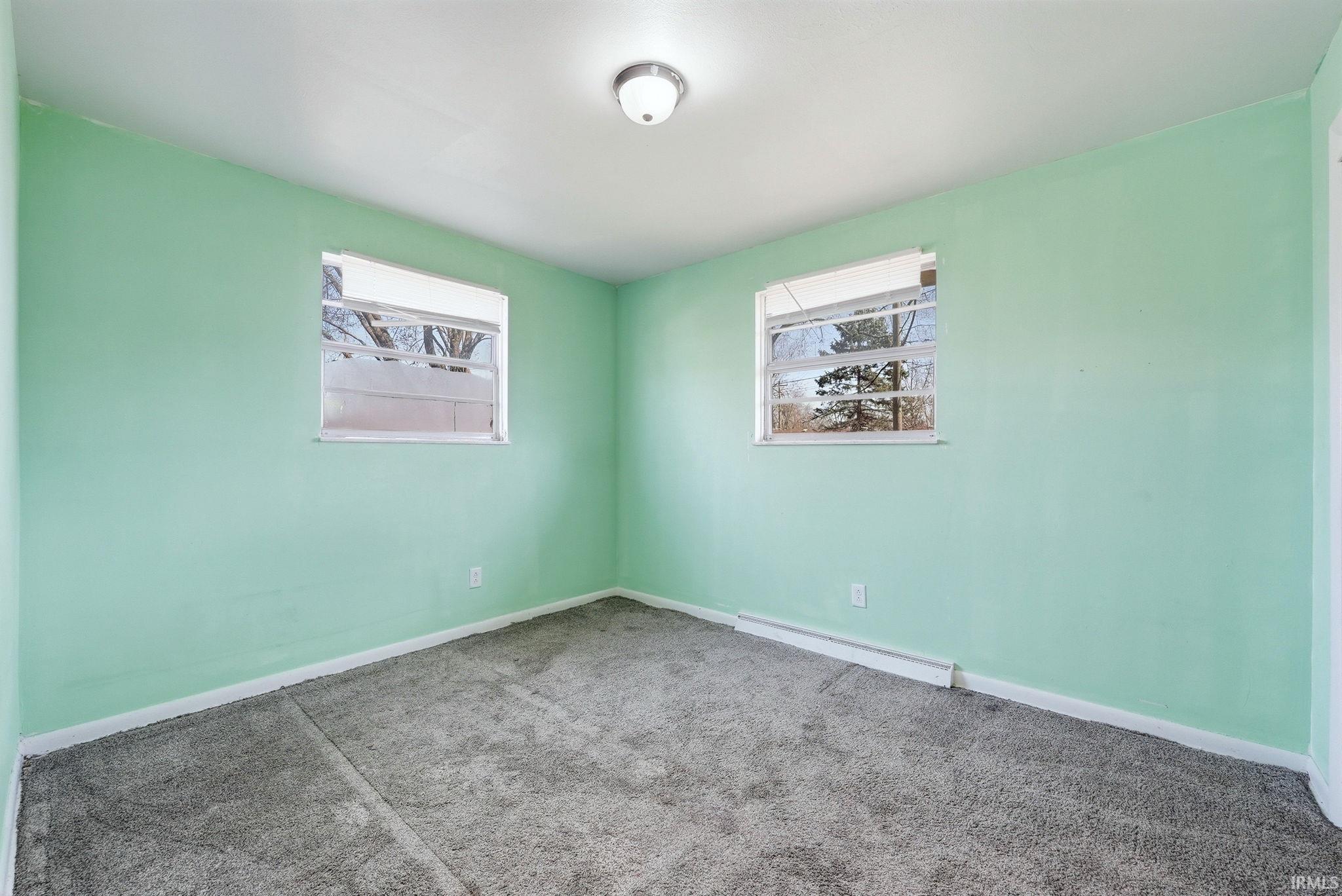 Room featuring two windows, neutral carpet flooring, and a flush-mount ceiling light
