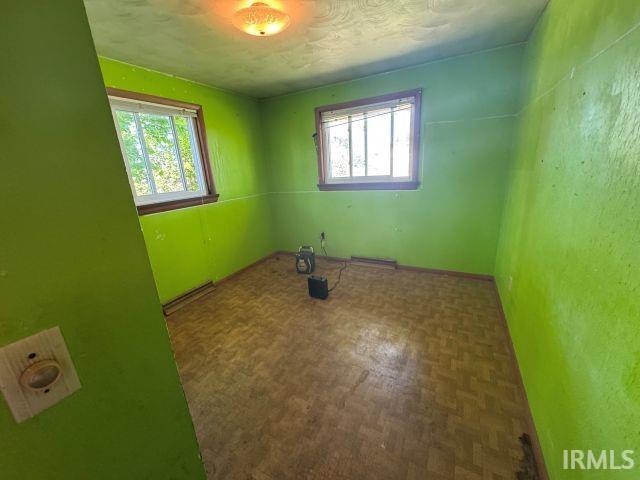 Room featuring two windows, wood-finish flooring, and a ceiling-mounted light fixture