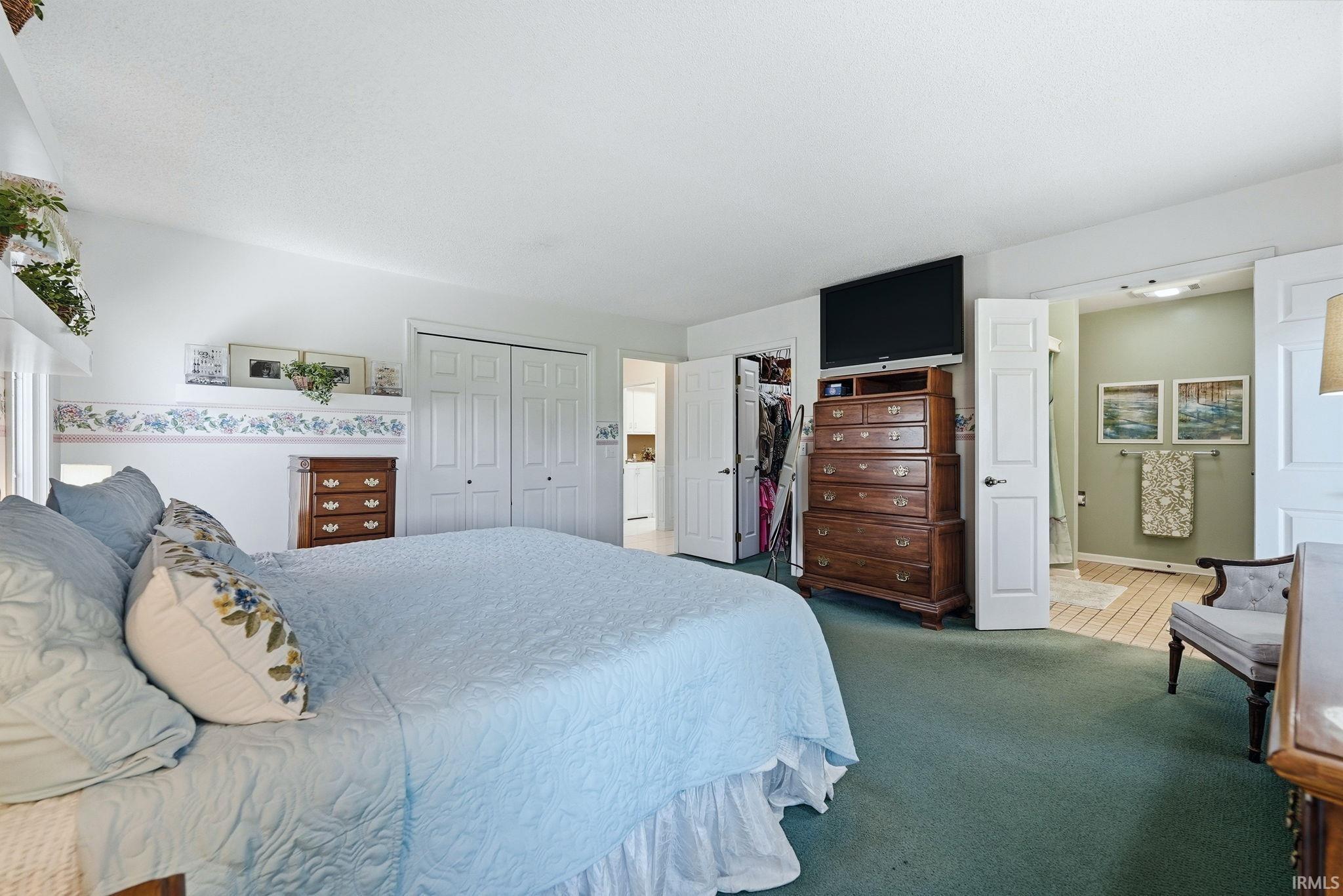 Carpeted bedroom with a closet and connected bathroom