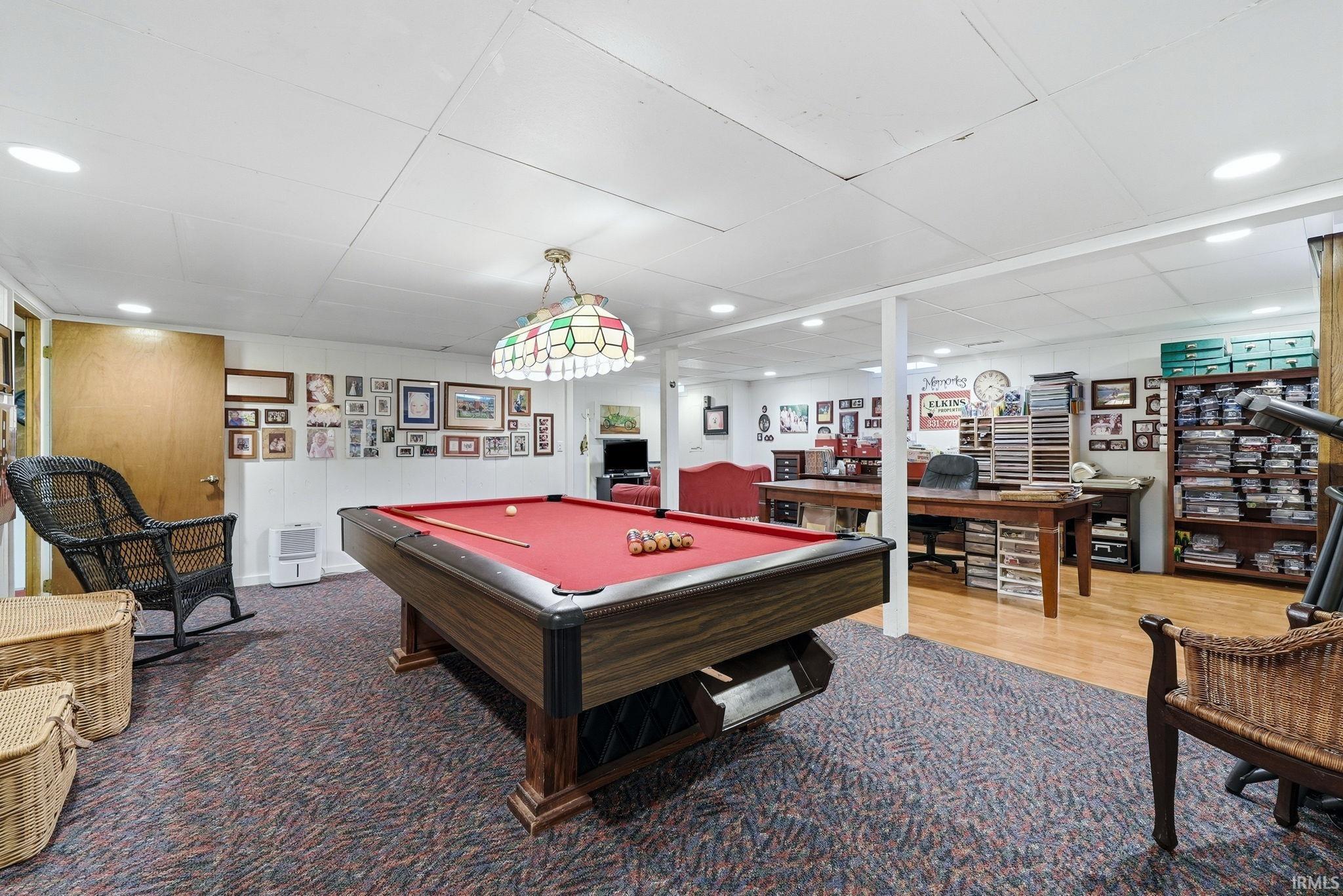 Game room with pool table, recessed lighting, and a paneled ceiling