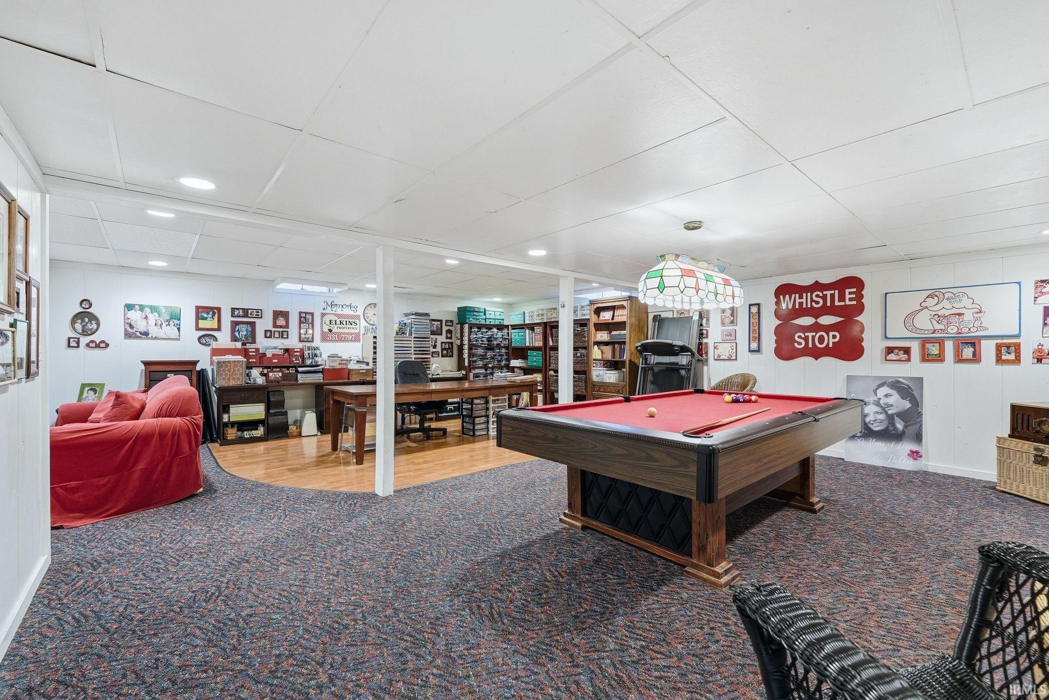 Game room featuring pool table, carpet flooring, recessed lighting, and a paneled ceiling