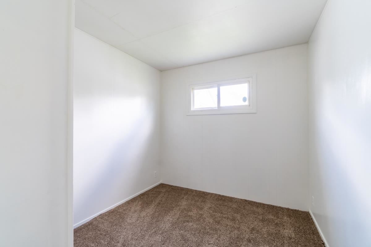 Compact room featuring neutral-toned carpet, white walls, and a white-framed window