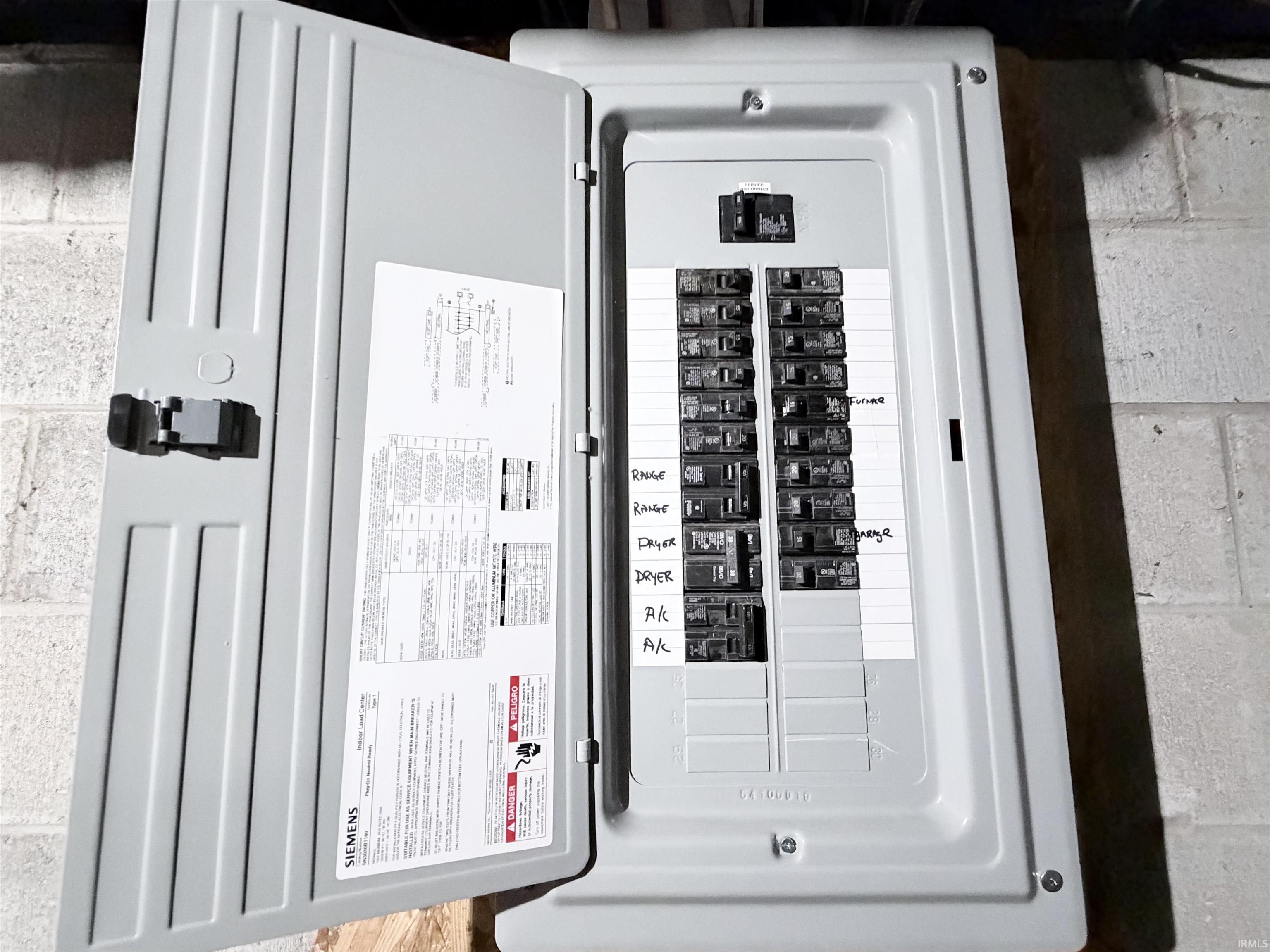 Electrical panel with labeled circuit breakers