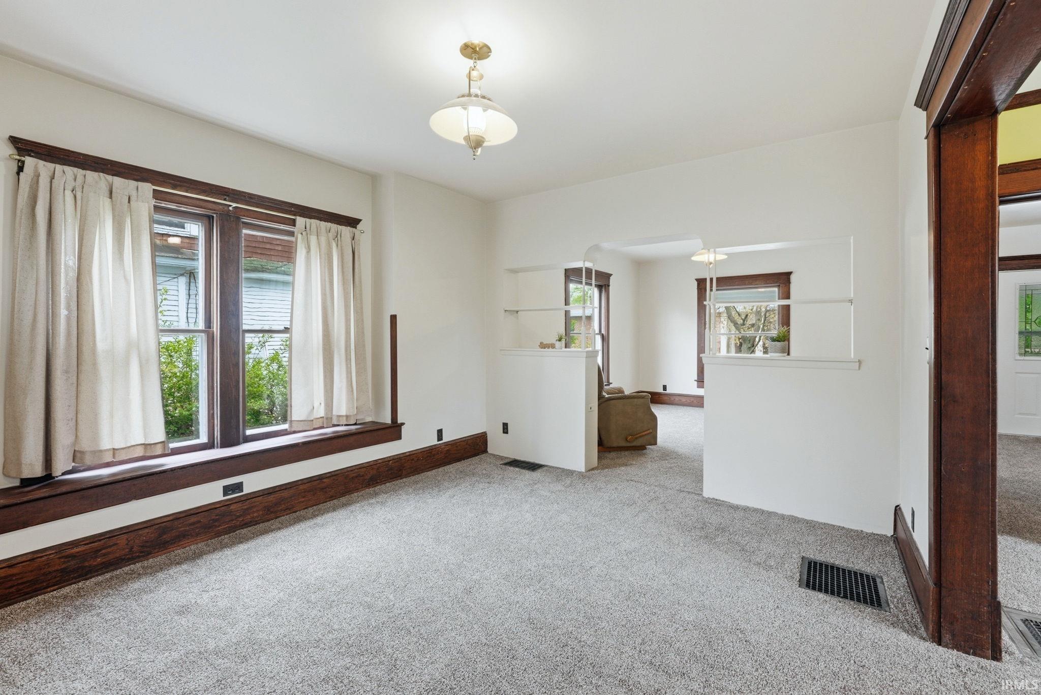 Bright room featuring light gray carpeting, white walls, and dark wood-finish trim