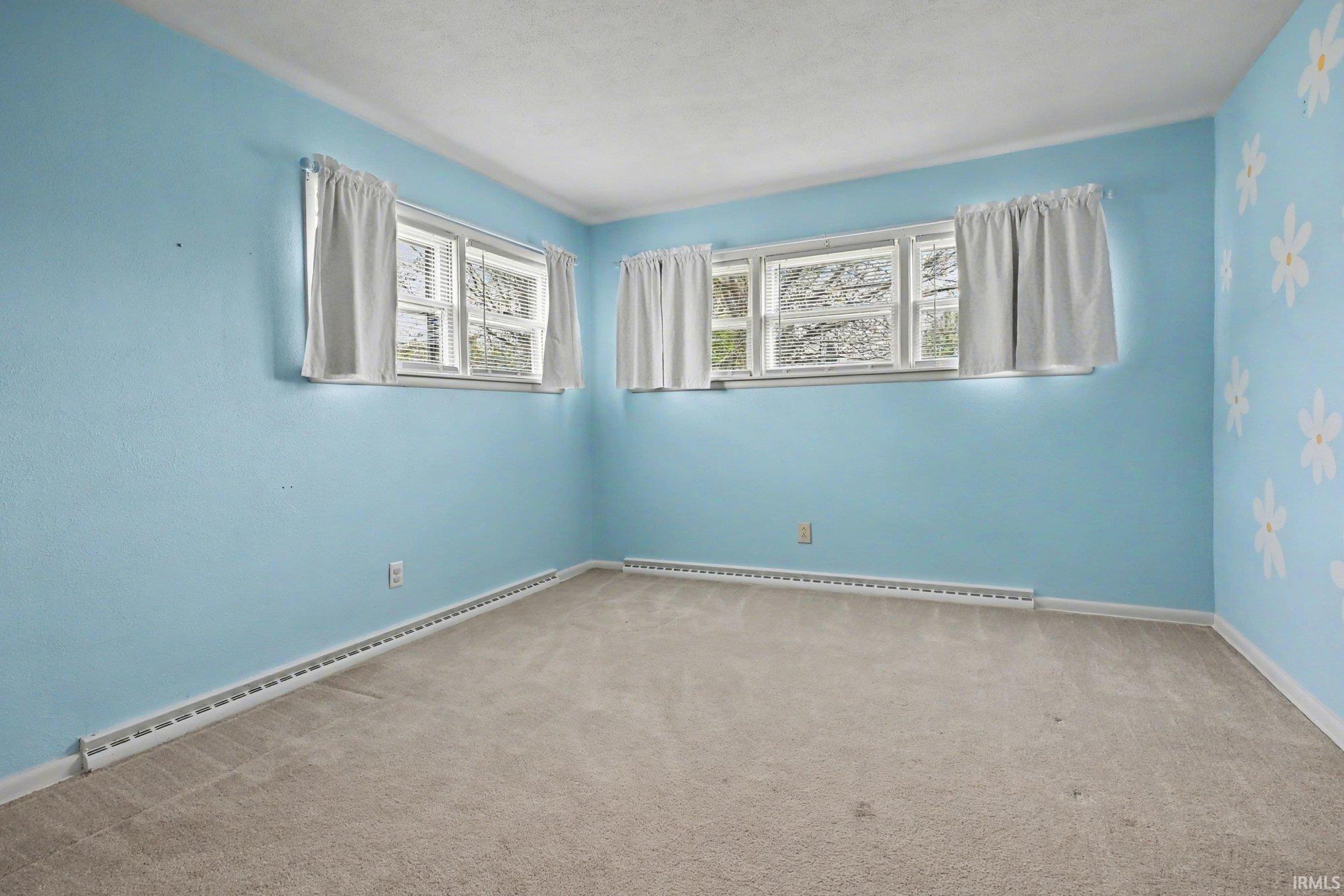 Carpeted room featuring two white-framed windows, baseboard heating, and light blue walls with decorative accents