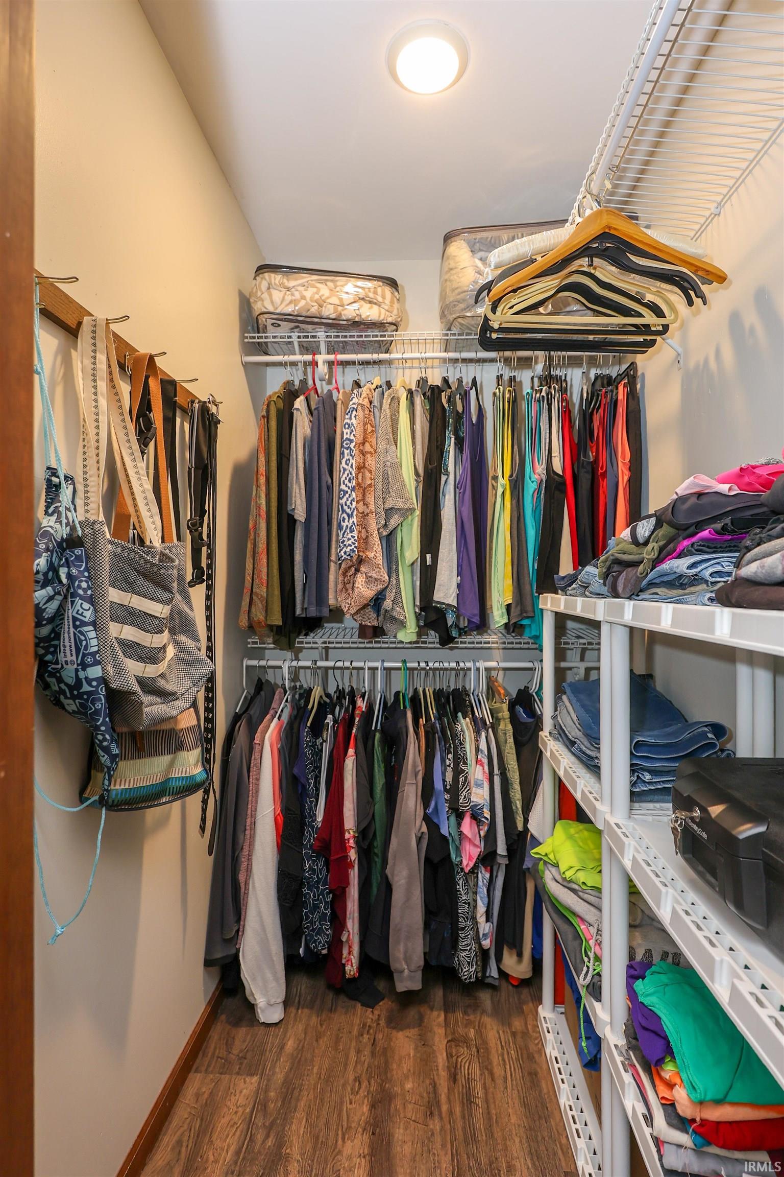Walk-in closet with wood-finish flooring, recessed lighting, and built-in wire shelving