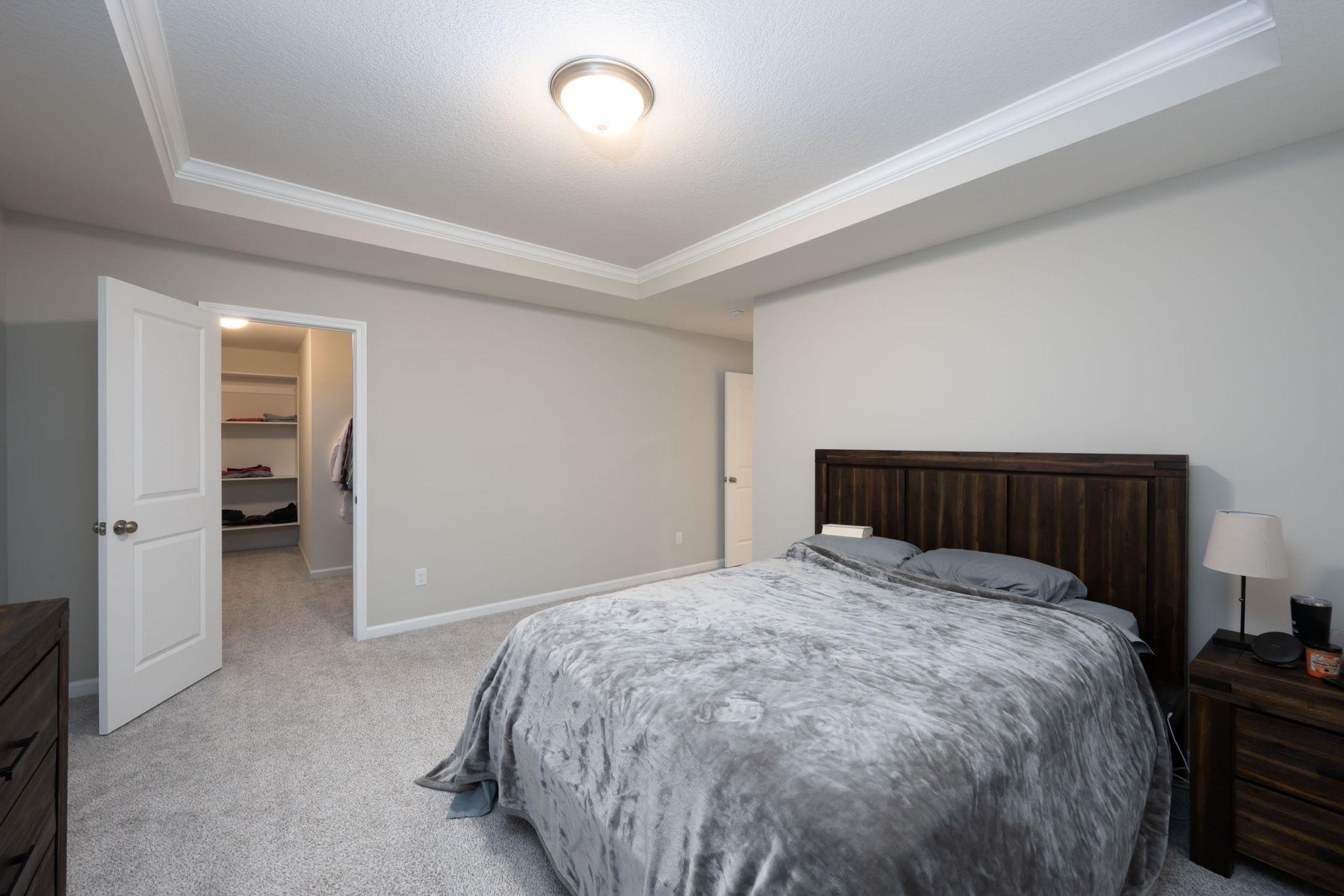Recessed ceiling with crown molding, light gray wall paint, and gray carpet flooring