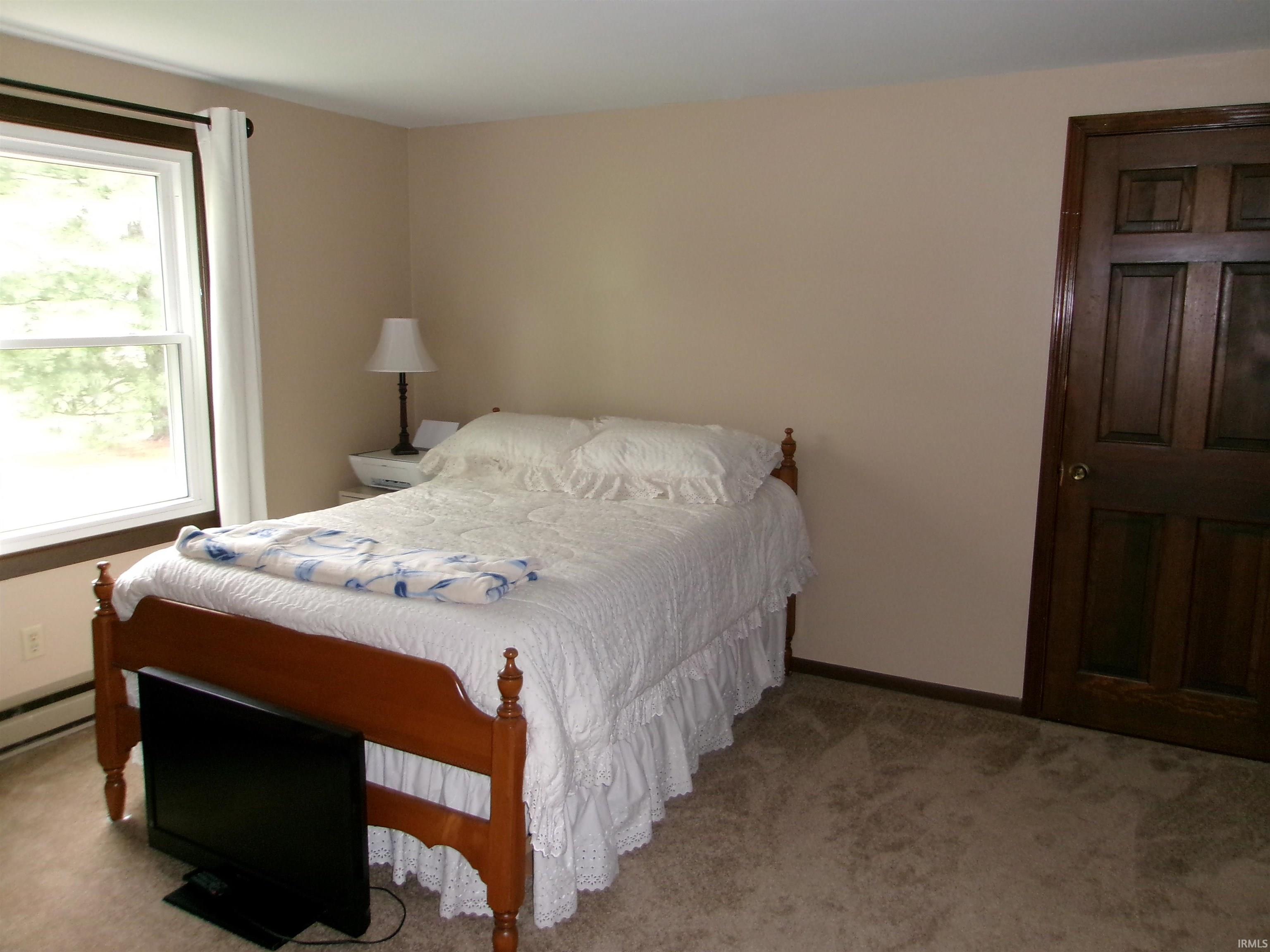 Beige wall paint, dark wood-finish trim, light-colored carpeting, a multi-pane window, and a dark wood-finish paneled door
