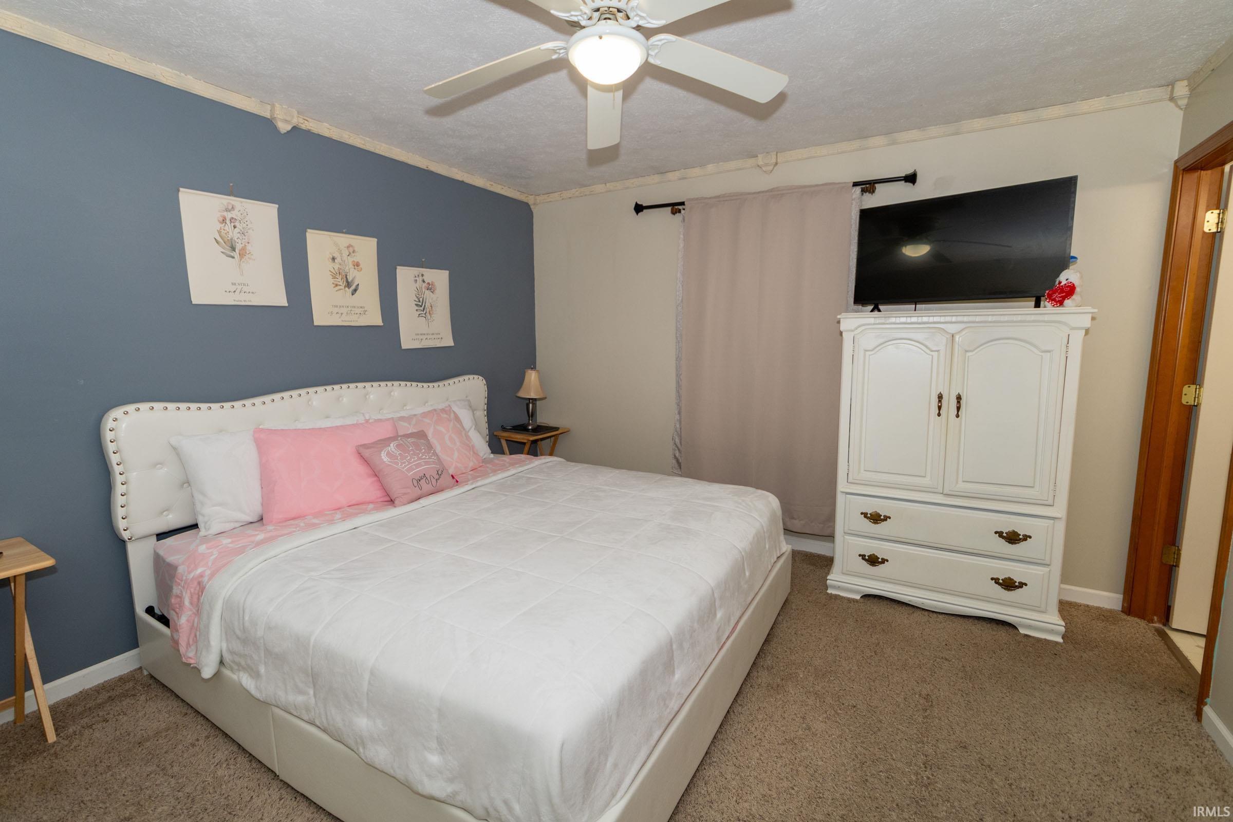 Carpeted interior with a ceiling fan light fixture