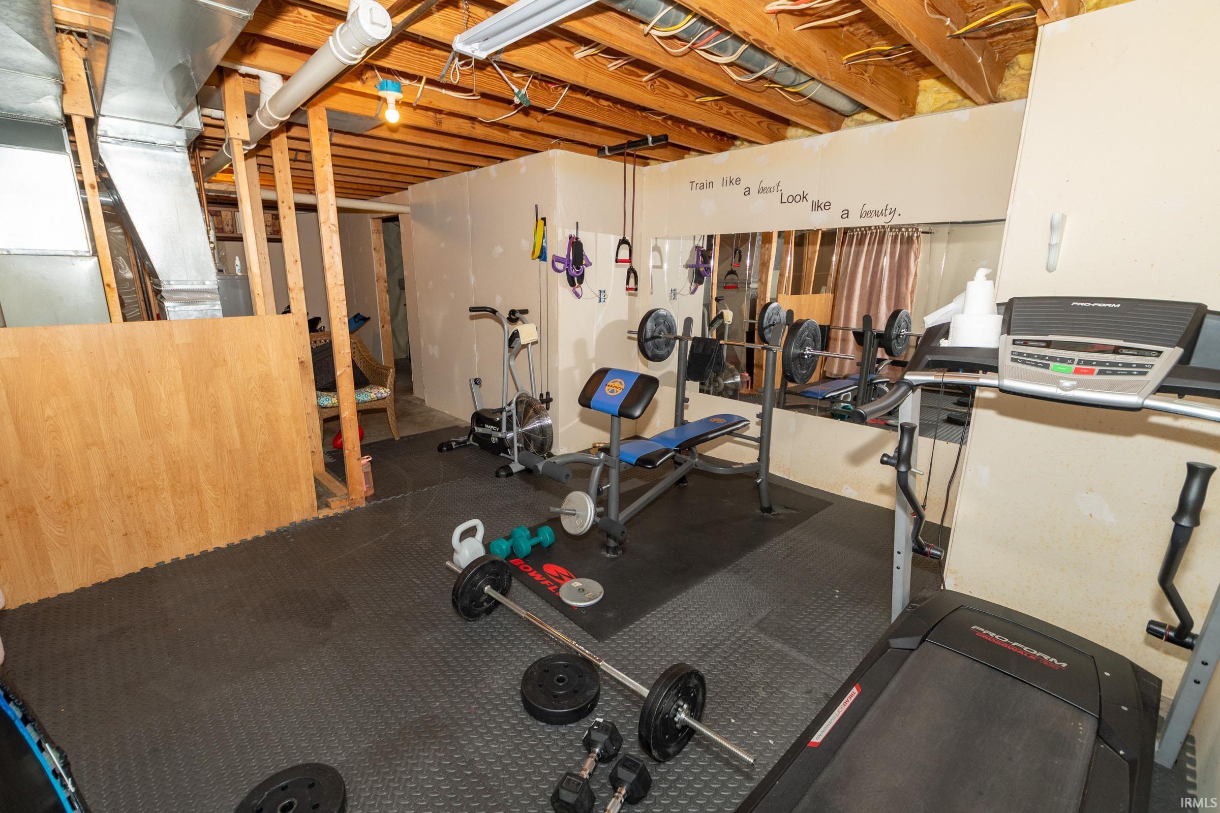 Lower level space featuring rubber mat flooring, exposed wood joists, a full-wall mirror, and overhead fluorescent lighting