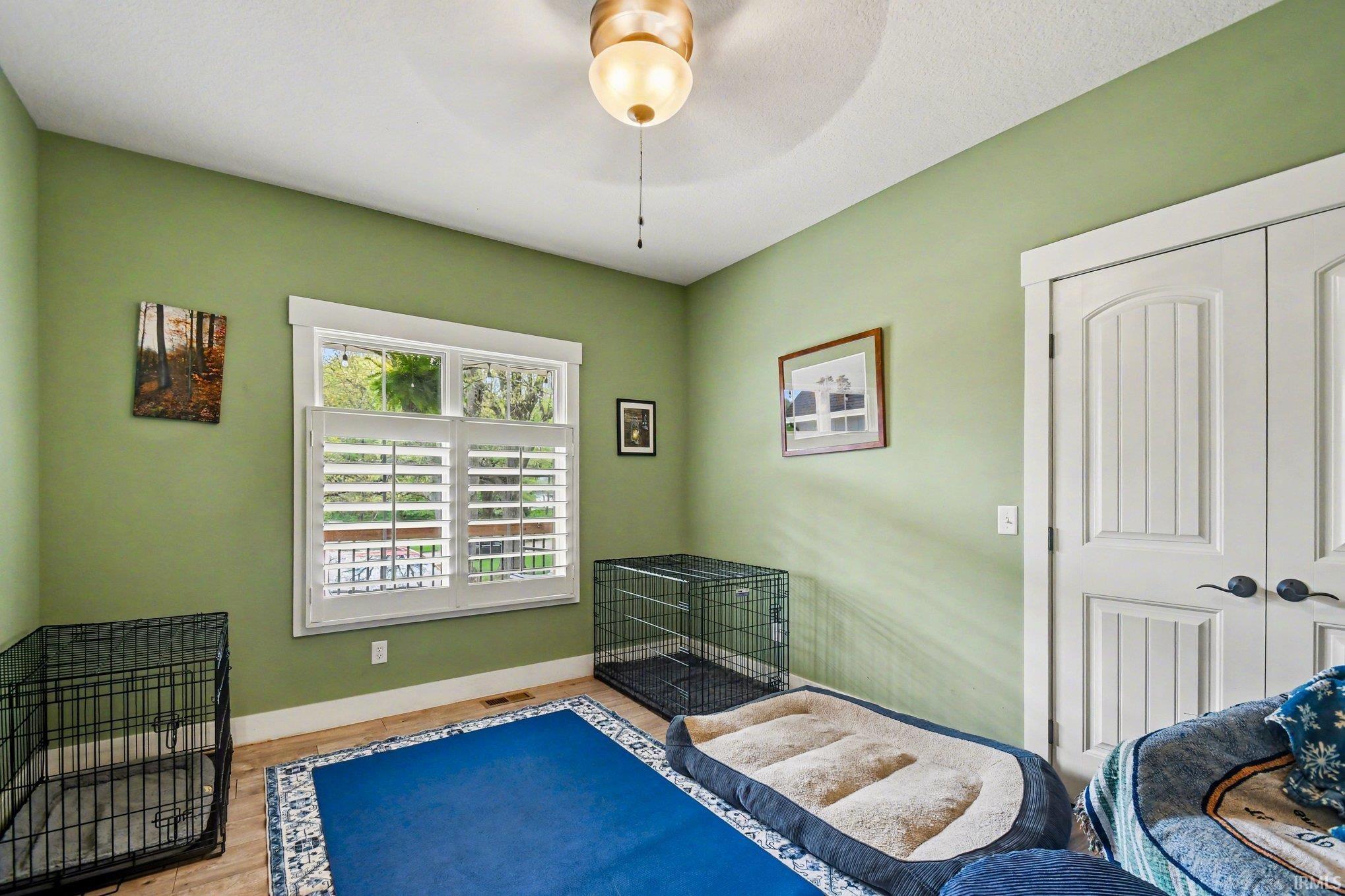 Room featuring light green wall paint and wood-finish flooring