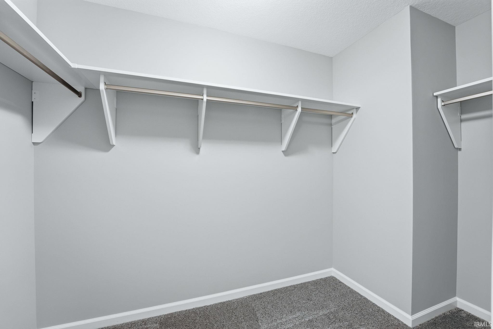 Closet featuring light gray wall paint, white shelving, metal hanging rods, and gray carpet flooring