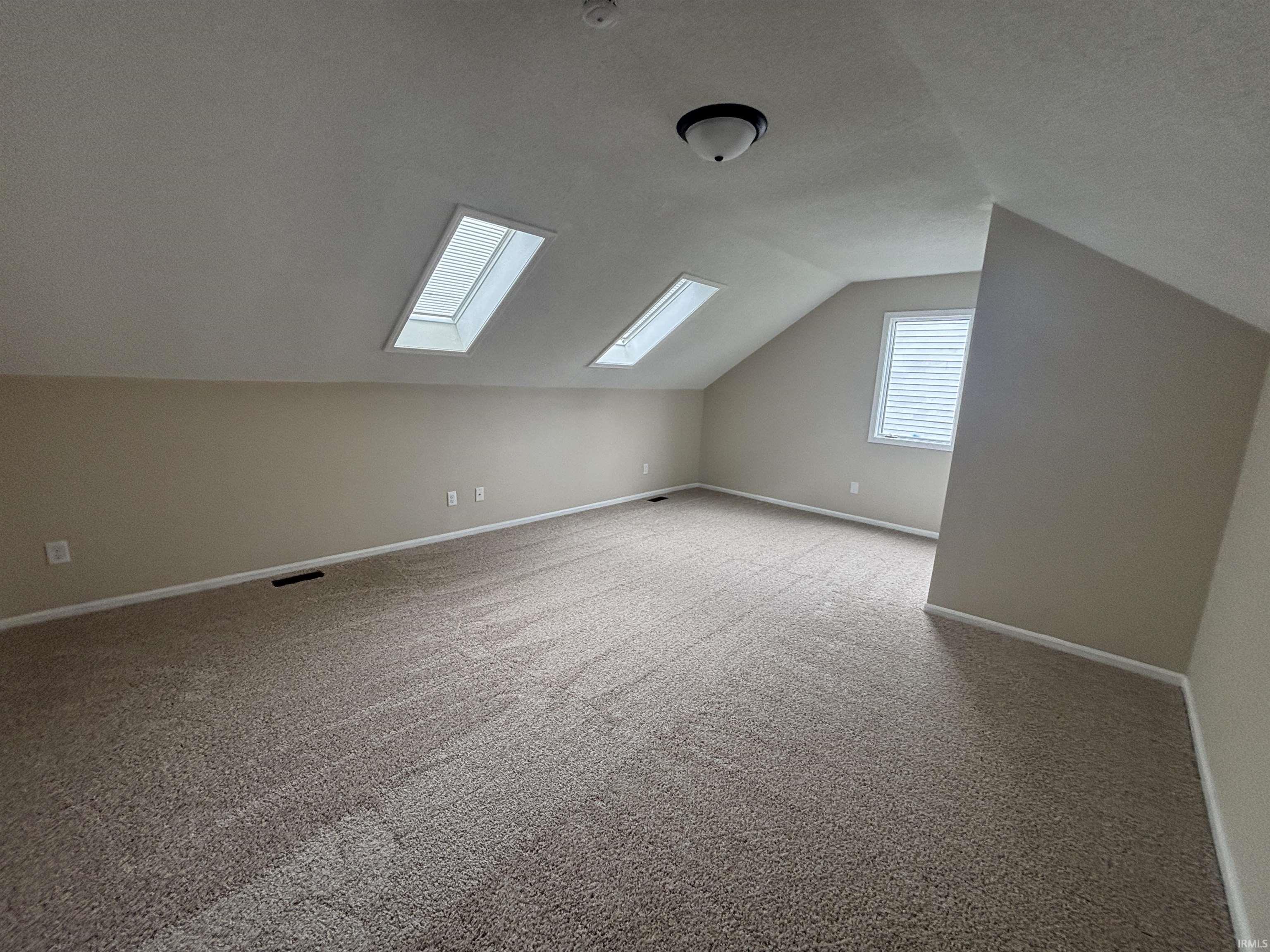 Carpeted room featuring a sloped ceiling with two skylights, a rectangular window with horizontal blinds, and neutral wall paint