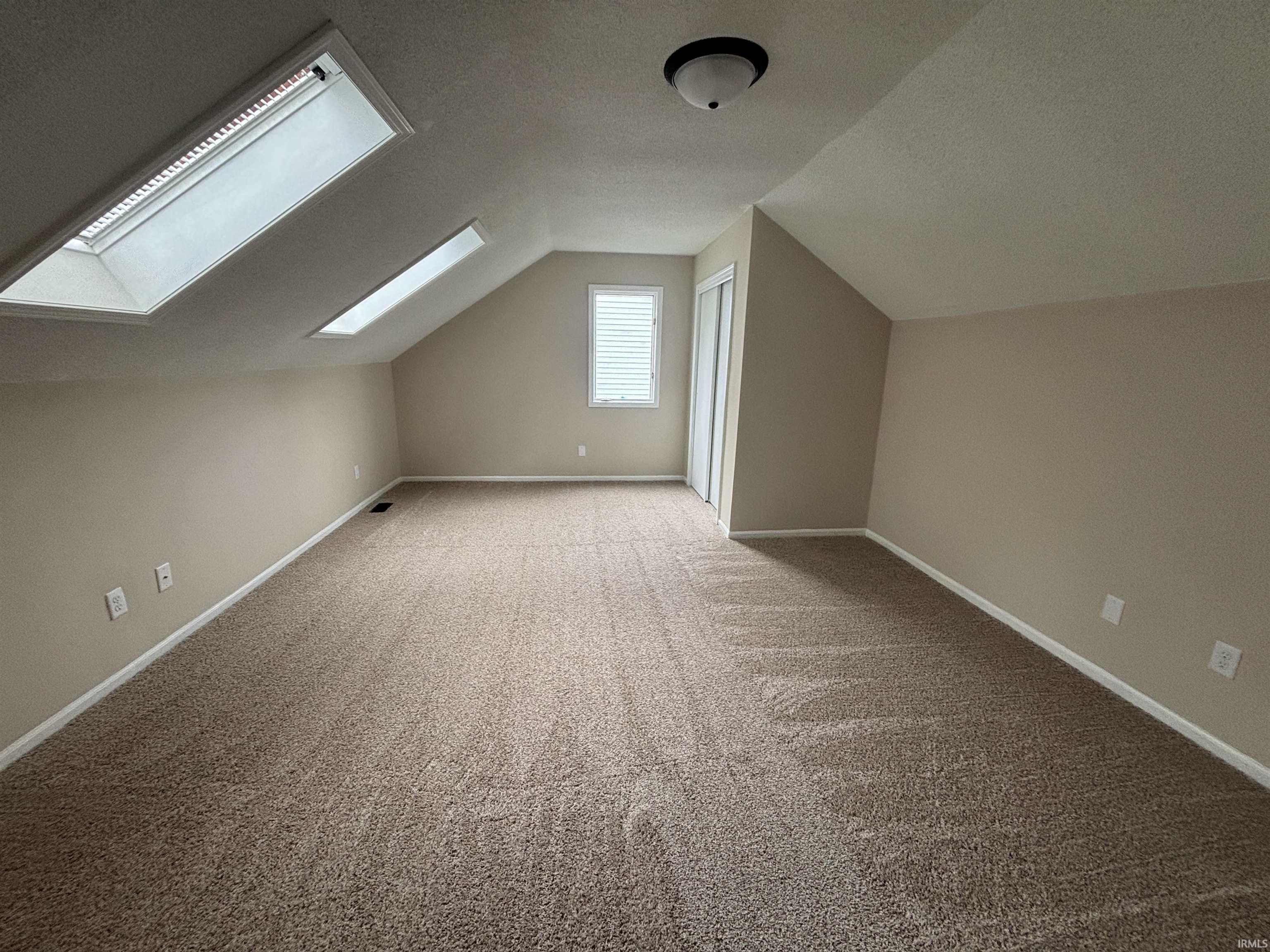 Carpeted room featuring dual skylights, a white framed window with horizontal blinds, and a built-in closet with sliding white doors