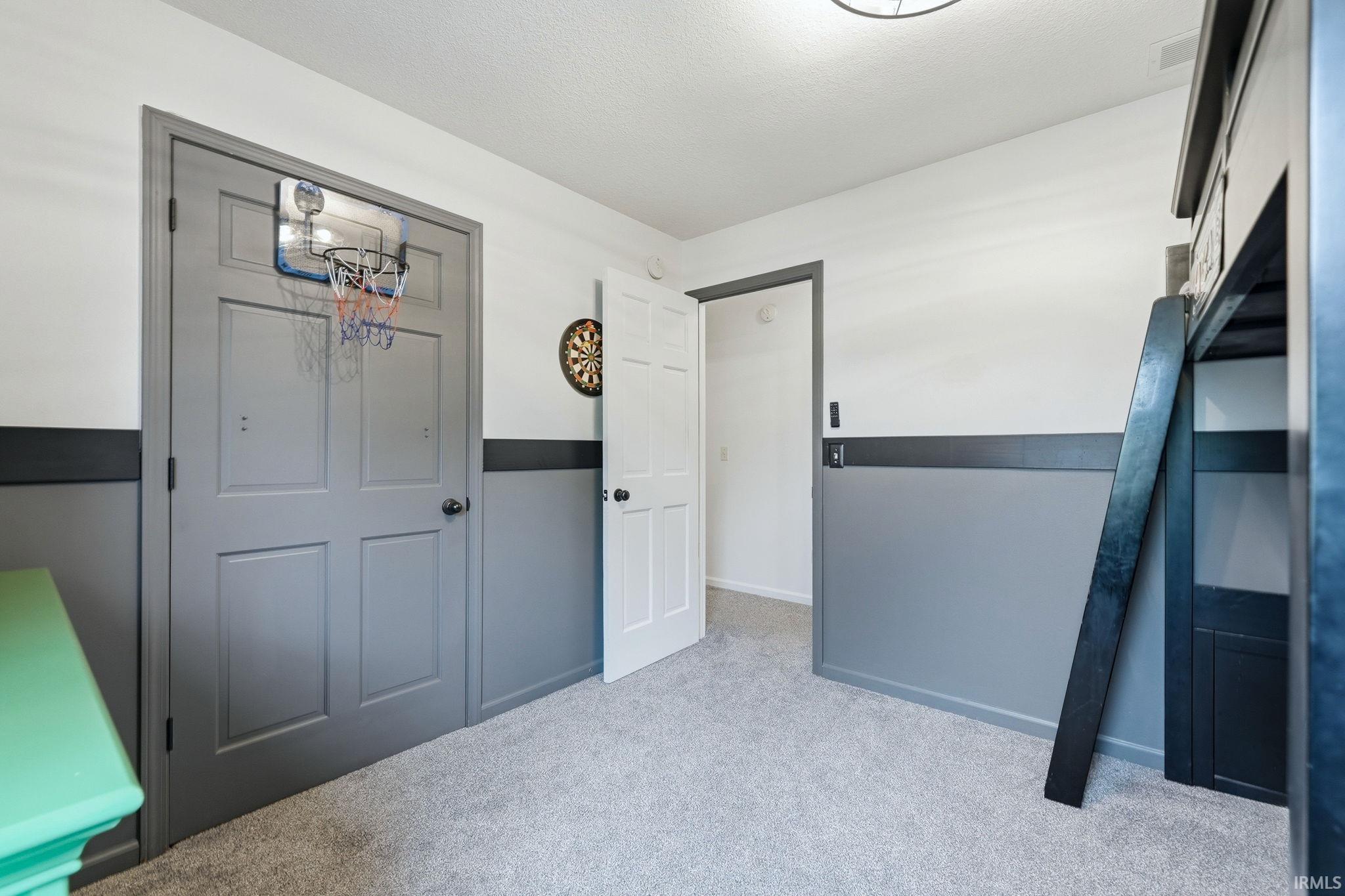 Room featuring light gray carpet, two-tone walls with a dark gray wainscoting, and white trim
