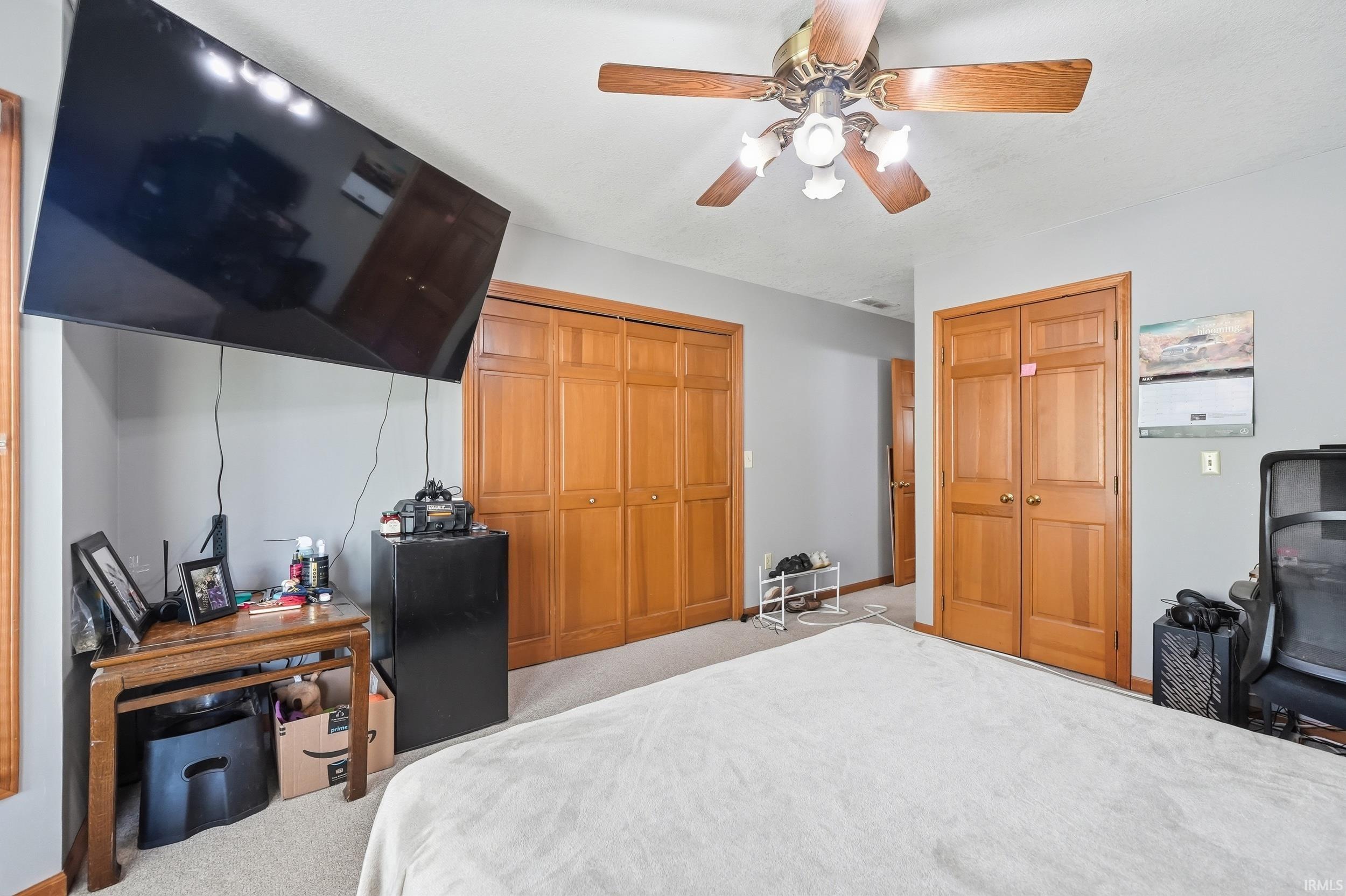 Carpeted room featuring a ceiling fan with light fixture, multiple natural wood-finish doors, and light gray wall paint