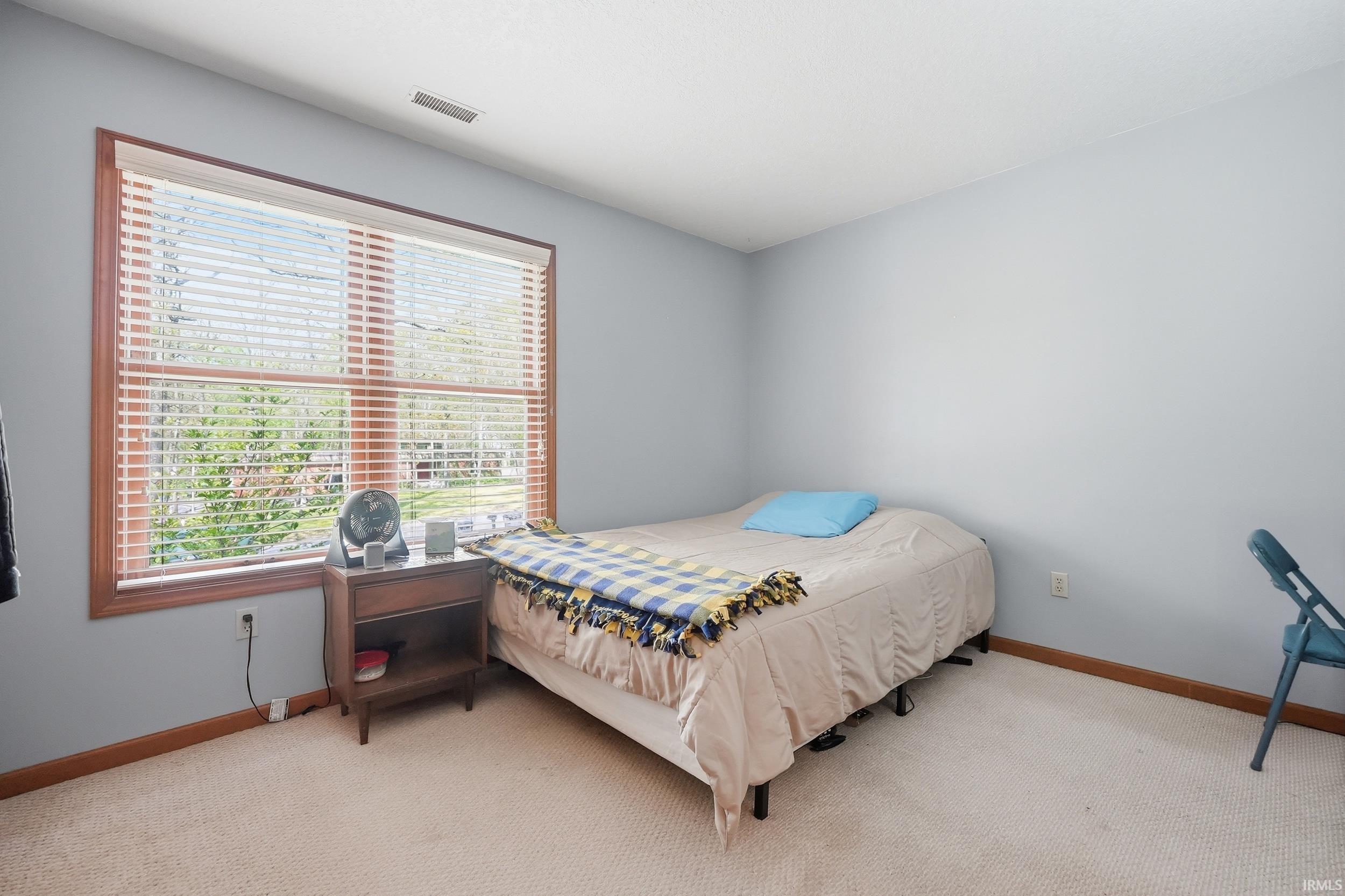 Light blue painted walls with carpet flooring