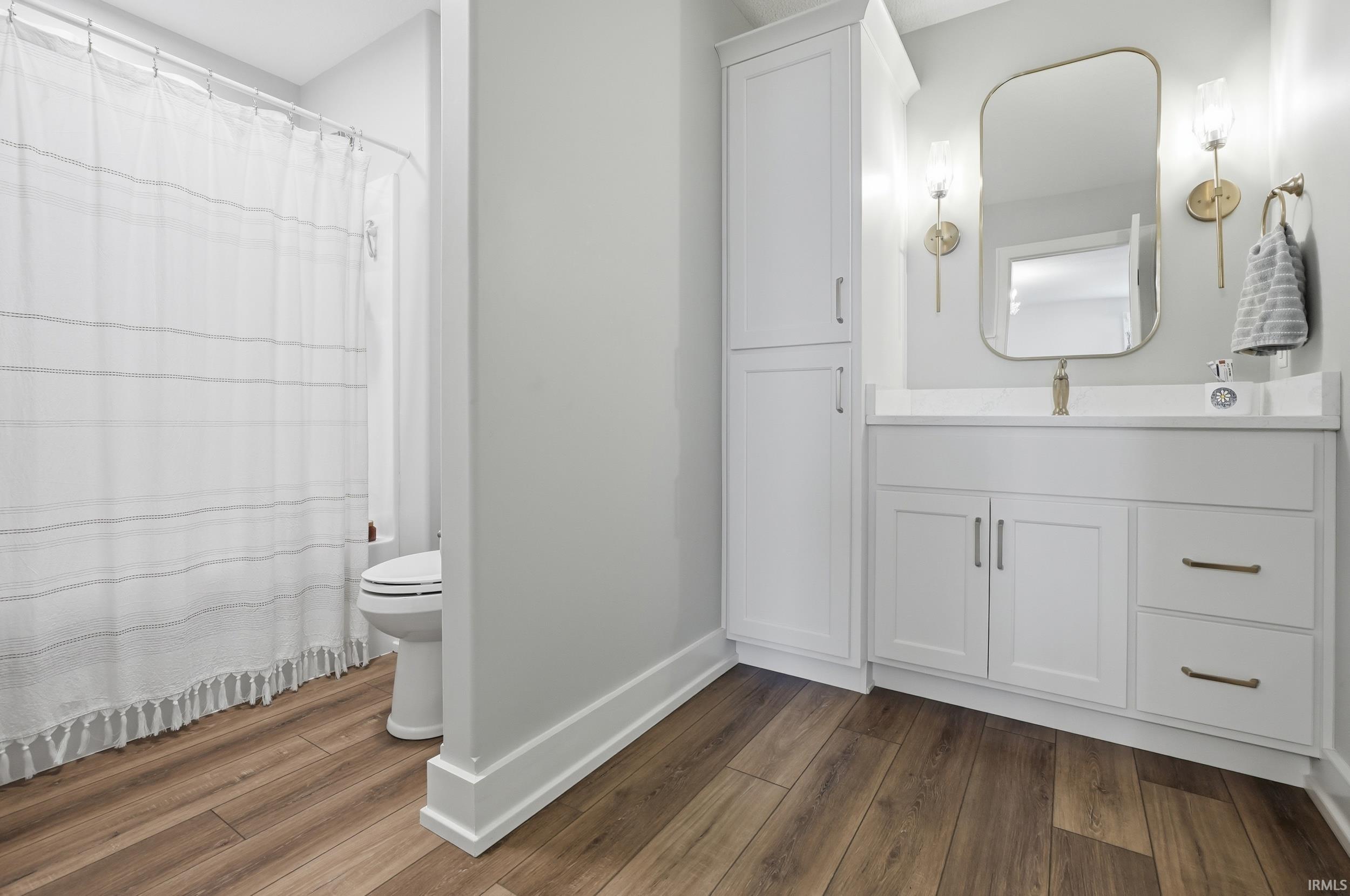 Bathroom featuring wood-finish flooring and a white vanity with a rectangular sink